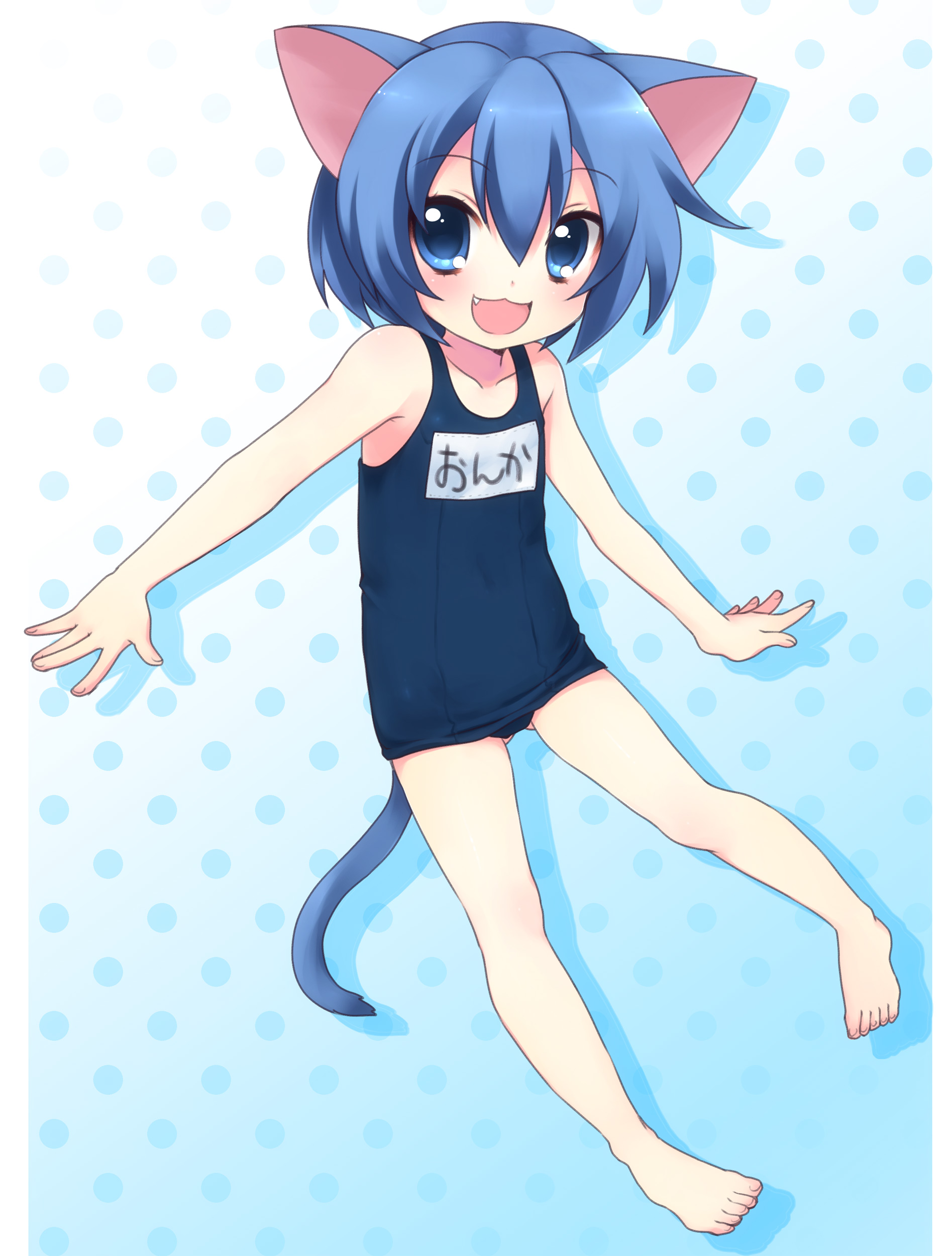 usashiro mani, onka, original, absurdres, bad id, bad pixiv id, highres, :3, animal ears, barefoot, blue eyes, blue hair, cat ears, cat tail, child, fang, feet, one-piece swimsuit, school swimsuit, short hair, solo, swimsuit, tail
