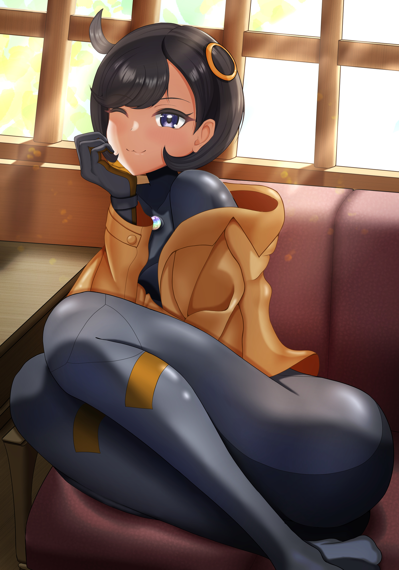 emma (pokemon), nintendo, pokemon, pokemon legends: z-a, 1girl, ;3, ass, black hair, bodysuit, breasts, dark-skinned female, dark skin, gloves, jacket, long sleeves, mukunoki, one eye closed, purple eyes, short hair, sitting, window