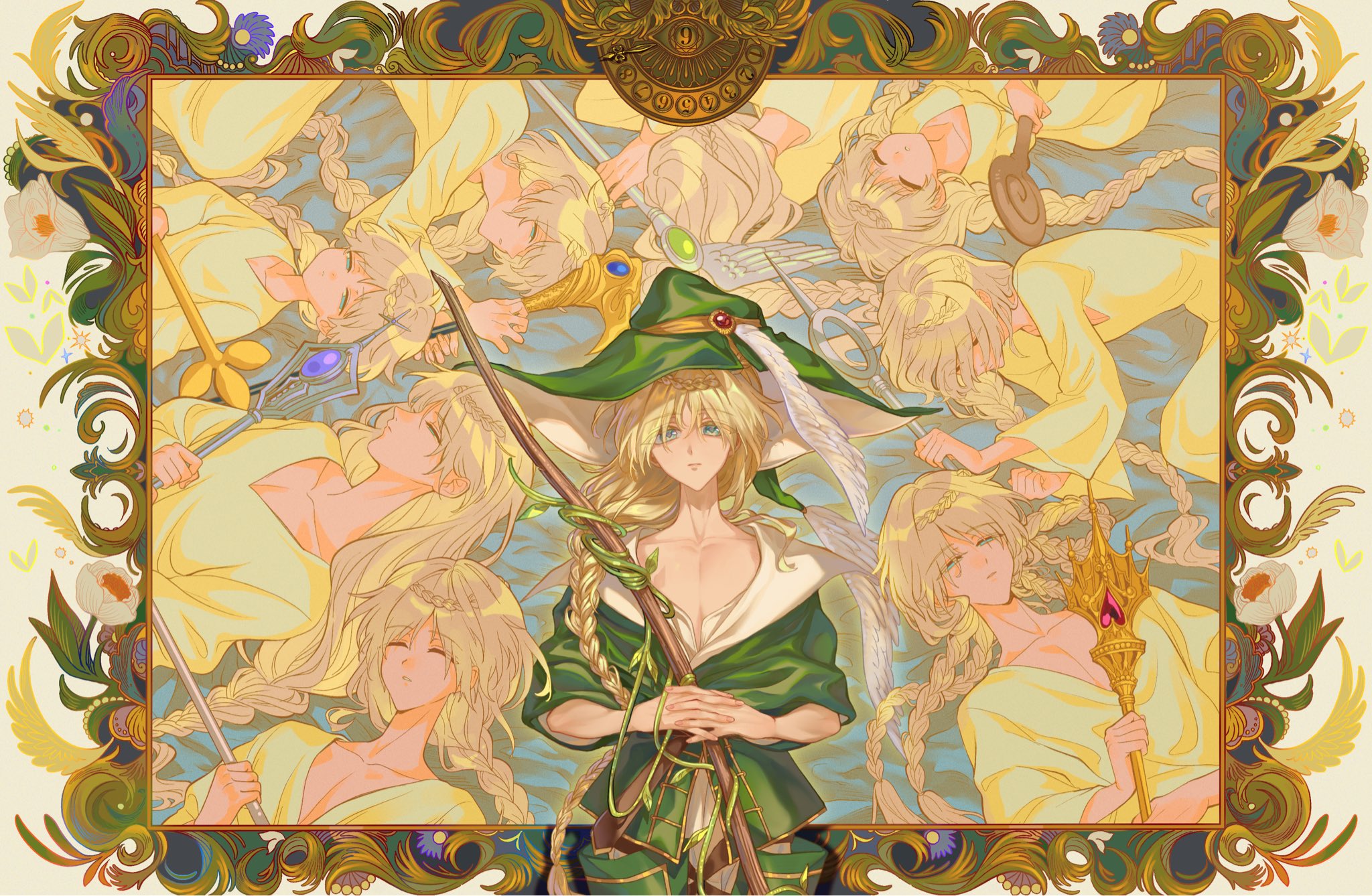 boin burin, yunan, magi the labyrinth of magic, highres, 6+boys, blonde hair, braid, braided ponytail, closed eyes, hair over shoulder, hat, hat feather, holding, holding staff, long hair, looking at viewer, lying, mage staff, male focus, multiple boys, on back, on side, robe, shirt, single braid, staff, very long hair, wizard, wizard hat
