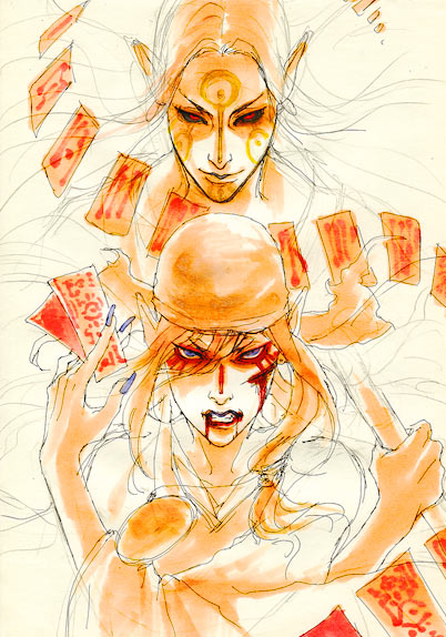 kusuriuri (mononoke), mononoke, 00s, 1boy, angry, bandana, blonde hair, blood, blue eyes, crossed arms, dual persona, facepaint, jewelry, long hair, looking at viewer, male focus, medallion, multiple views, ofuda, pointy ears, red eyes, white hair