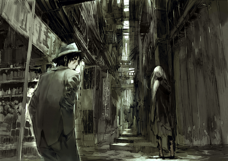 humi, toi8, original, alley, city, formal clothes, frown, hat, looking back, monochrome, muted color, scenery, standing, suit