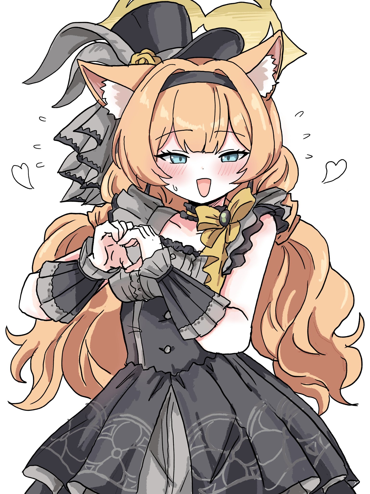 tachikaze miyako, mari (blue archive), blue archive, highres, 1girl, animal ears, black dress, blonde hair, blue eyes, blush, breasts, dress, halo, hat, heart, heart hands, idol, long hair, looking at viewer, open mouth, ribbon, simple background, small breasts, solo, white background, white hat, yellow halo, yellow ribbon