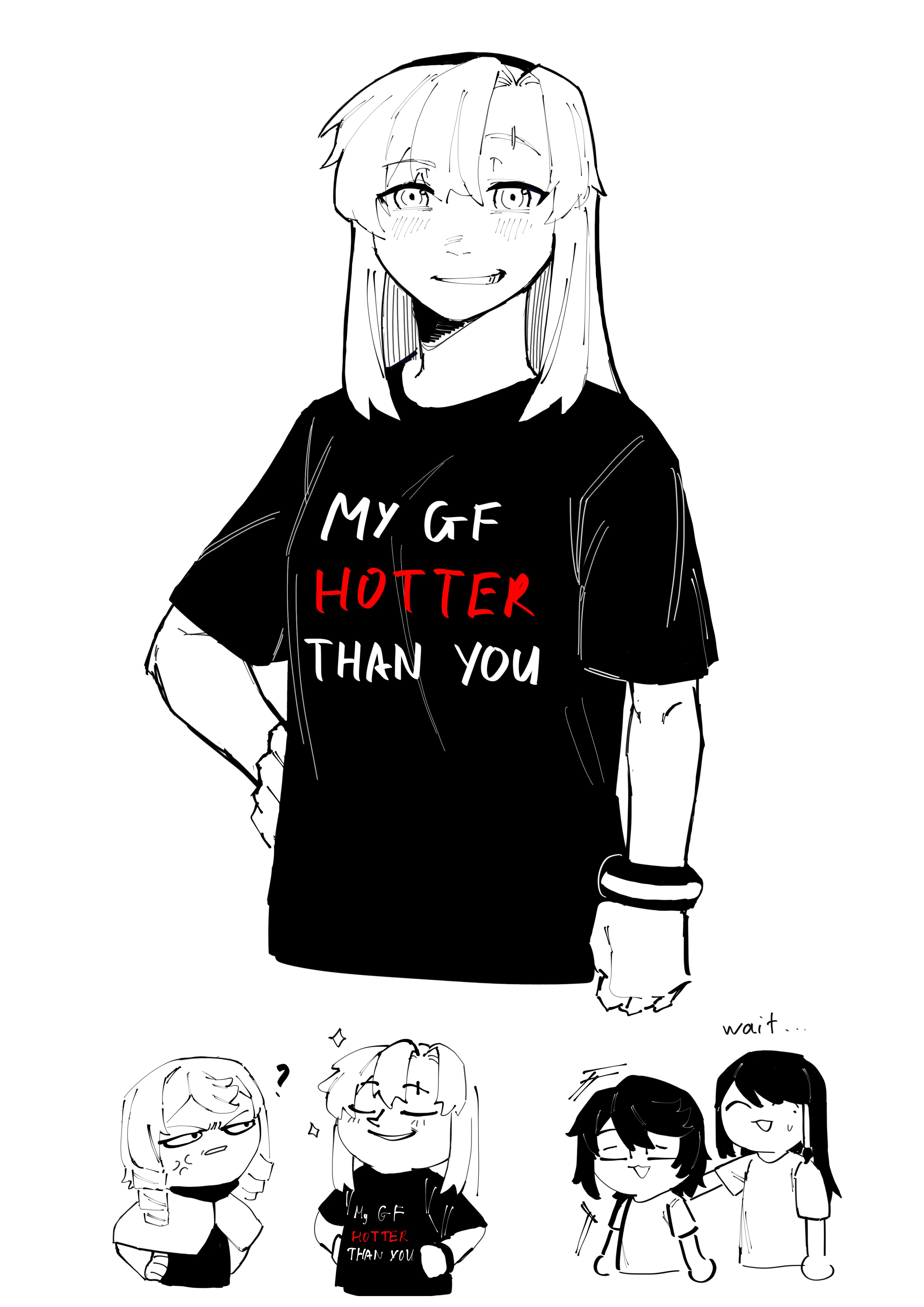 gmeg011, koishikawa iko, momijiyama teru, shy (series), absurdres, commentary, highres, symbol-only commentary, 4girls, :d, ?, alternate costume, anger vein, blush, cropped torso, drill hair, english text, glasses, grin, kirahoshi aika, long hair, looking at another, multiple girls, open mouth, scar, scar across eyebrow, scar on face, short sleeves, smile, smug, spot color, teeth, twin drills, yuri