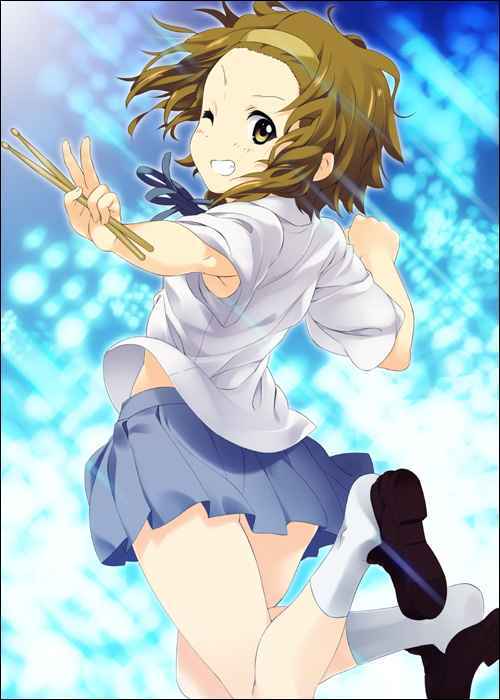 mizuki makoto, tainaka ritsu, k-on!, 00s, 1girl, armpit peek, drumsticks, female focus, grin, hairband, looking back, midriff peek, one eye closed, school uniform, shoe dangle, shoes, smile, socks, solo, v, wink
