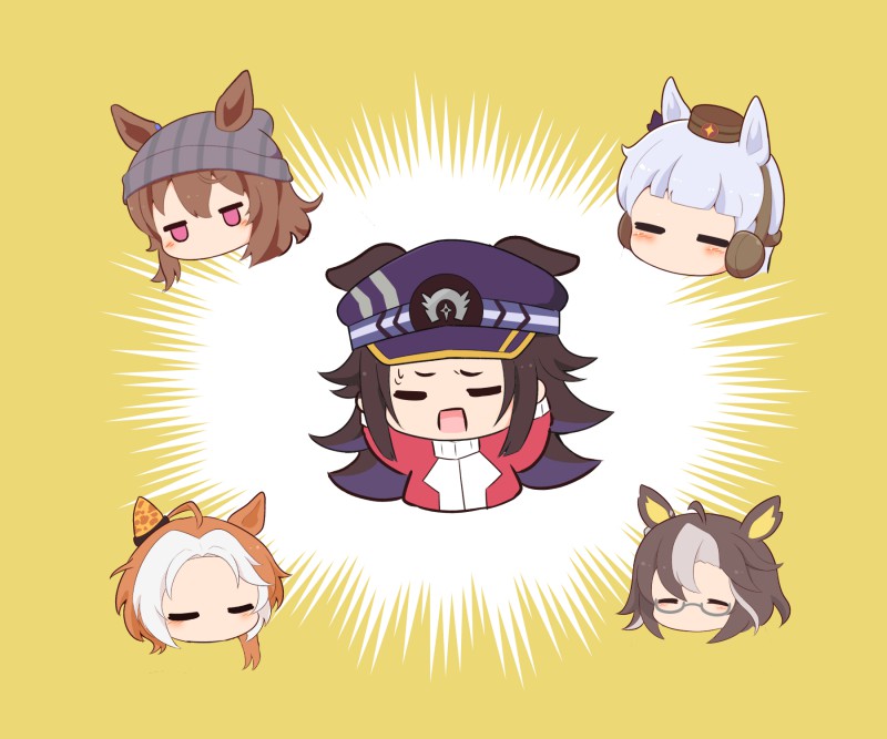 gomashio (goma feet), dream journey (umamusume), fenomeno (umamusume), gold ship (umamusume), nakayama festa (umamusume), orfevre (umamusume), umamusume, commentary request, 5girls, ahoge, animal ears, beanie, blush, brown hair, brown hat, chibi, chibi only, closed eyes, cropped torso, ear covers, ears through headwear, glasses, grey hair, grey hat, hands up, hat, horse ears, horse girl, jacket, long hair, long sleeves, multicolored hair, multiple girls, no mouth, open mouth, orange hair, purple hat, red jacket, short hair, single ear cover, striped clothes, striped headwear, sweat, tracen training uniform, track jacket, two-tone hair, vertical-striped clothes, vertical-striped headwear, white hair, yellow background
