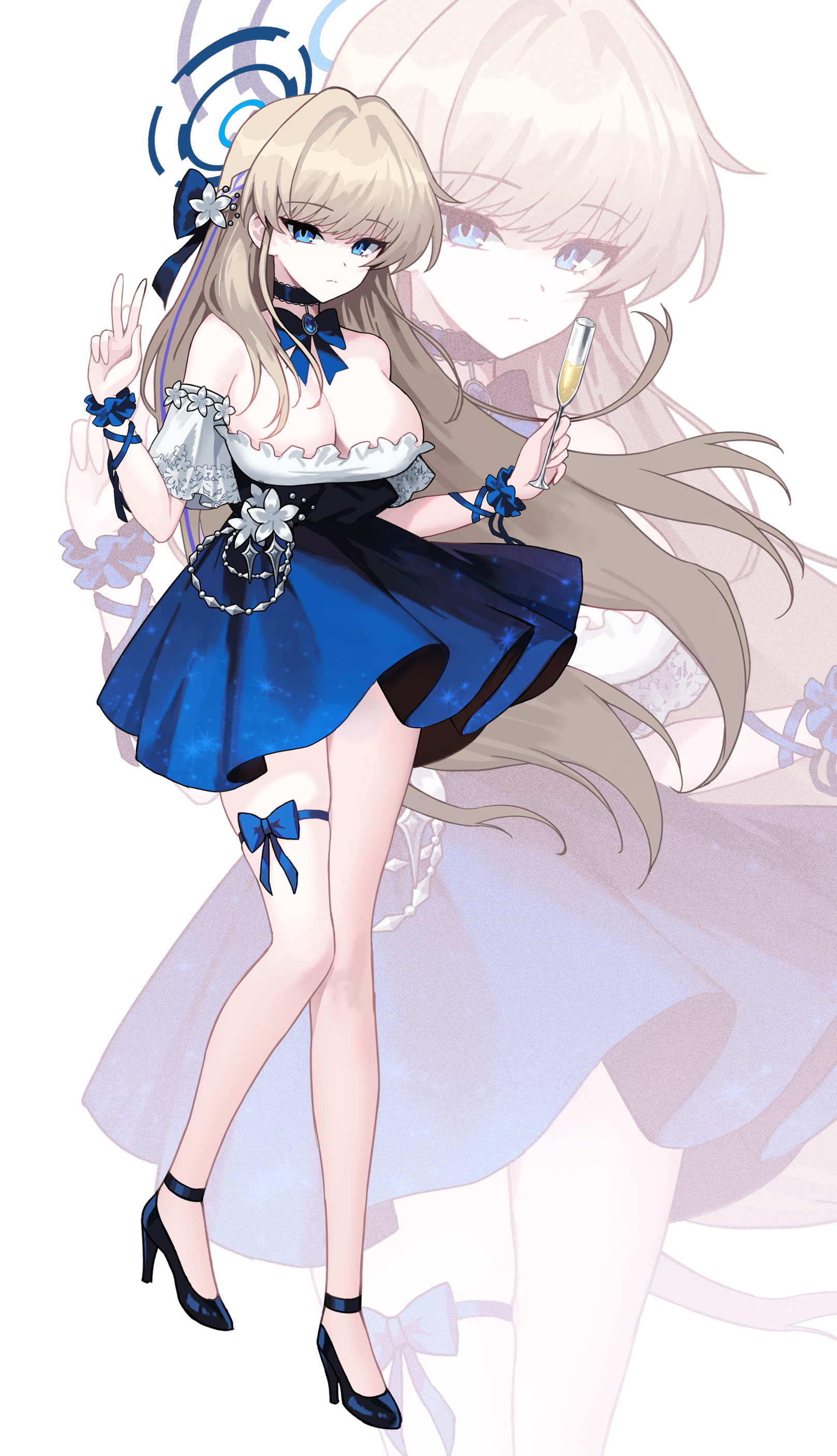 kyundoo, toki (blue archive), blue archive, absurdres, commentary, highres, 1girl, bare shoulders, blonde hair, blue bow, blue eyes, blue halo, blue shoes, blue skirt, bow, braid, breasts, cleavage, closed mouth, drink, hair bow, half up braid, halo, high heels, holding, holding drink, large breasts, long hair, looking at viewer, off-shoulder shirt, off shoulder, shirt, shoes, short sleeves, skirt, solo, v, white shirt, zoom layer