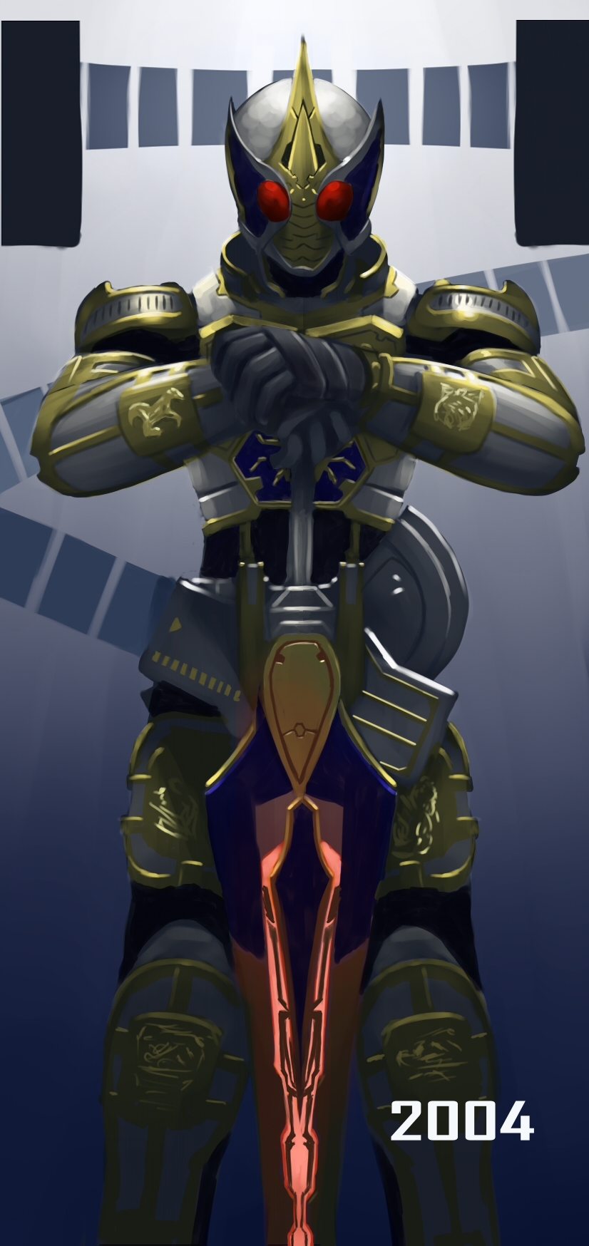 lamchunhin, kamen rider blade, kamen rider blade (king form), kamen rider, kamen rider blade (series), highres, 00s, 1boy, 2004, armor, gold armor, holding, holding sword, holding weapon, male focus, solo, sword, weapon