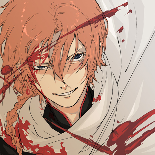 kusumori shiba, kamui, kamui (gintama), gintama, bad id, bad pixiv id, lowres, 00s, 1boy, blood, blue eyes, braid, cape, male focus, red hair, single braid, solo