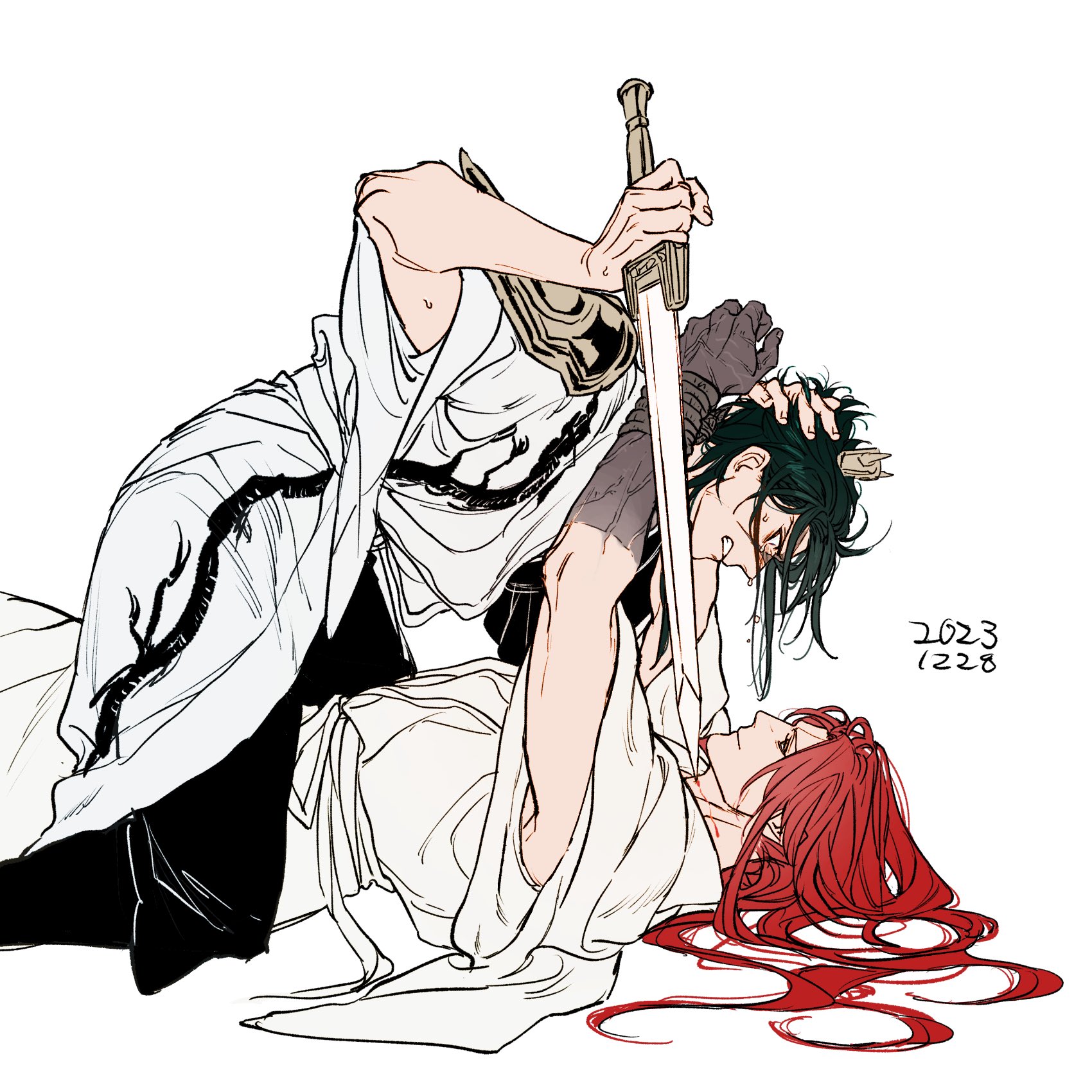 crema 525, ren hakuryuu, ren kouen, magi the labyrinth of magic, commentary request, highres, 2boys, all fours, armor, bleeding, blood, bound, bound wrists, brothers, chinese clothes, clenched teeth, colored extremities, cousins, crying, facial hair, feet out of frame, goatee, green hair, hanfu, holding, holding sword, holding weapon, long hair, lying, male focus, medium hair, multiple boys, on back, profile, red hair, scar, scar on face, siblings, simple background, smile, straddling, sweatdrop, sword, teeth, weapon, white background, xiao guan (headdress)