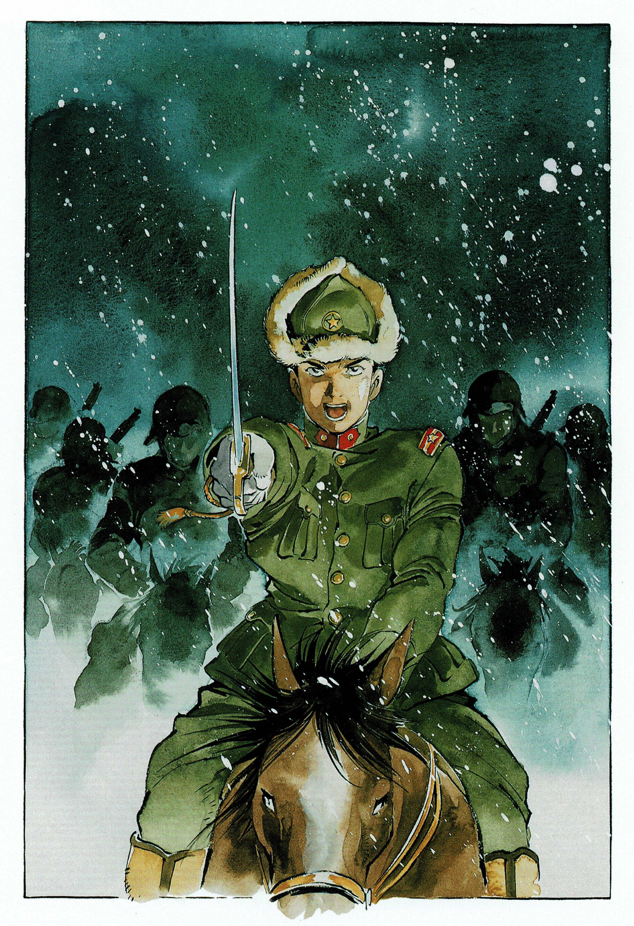 rainbow trotsky, yasuhiko yoshikazu, absurdres, highres, non-web source, cavalry, hat, holding, holding weapon, horse, insignia, manchukuo, military, military hat, military uniform, sword, weapon, world war ii