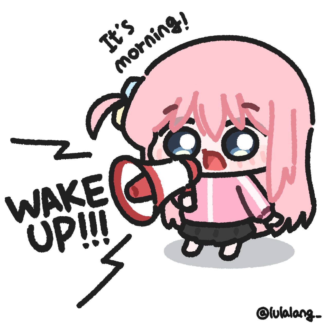 lulalang, gotoh hitori, bocchi the rock!, commentary, highres, symbol-only commentary, 1girl, black skirt, blue eyes, chibi, chibi only, english text, full body, holding, holding megaphone, jacket, long hair, looking at viewer, megaphone, one side up, open mouth, pink hair, pink jacket, simple background, skirt, solo, standing, talking, white background