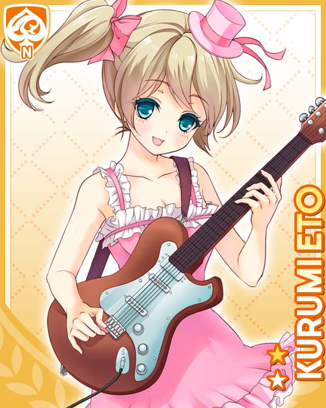 qp:flapper, eto kurumi, girlfriend (kari), official art, 1girl, :d, bare shoulders, bow, brown hair, card (medium), character name, dress, frilled dress, frills, green eyes, guitar, hair bow, hair ornament, hat, holding, holding plectrum, instrument, looking at viewer, open mouth, pink dress, pink hat, plectrum, side ponytail, skirt, smile, solo, yellow background