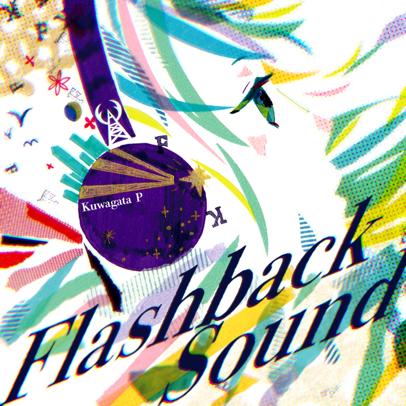 ryono, original, commentary request, highres, masking tape (medium), mixed media, traditional media, unconventional media, 1other, abstract, album cover, album name, androgynous, aqua eyes, aqua hair, blonde streaks, blue streaks, close-up, colorful, cover, english text, headphones, looking up, multicolored hair, parted lips, portrait, profile, streaked hair, teardrop