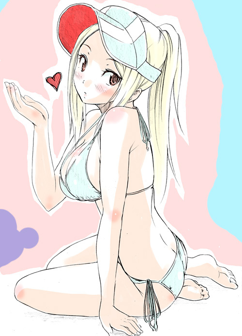 aoki (frogman), frogman (manga), official art, 1girl, arm support, ass, barefoot, bikini, blonde hair, blowing kiss, blush, body blush, breasts, brown eyes, butt crack, cleavage, feet, female focus, hat, heart, large breasts, long hair, ponytail, side-tie bikini bottom, sitting, soles, solo, strap gap, swimsuit, toes, visor cap, white bikini