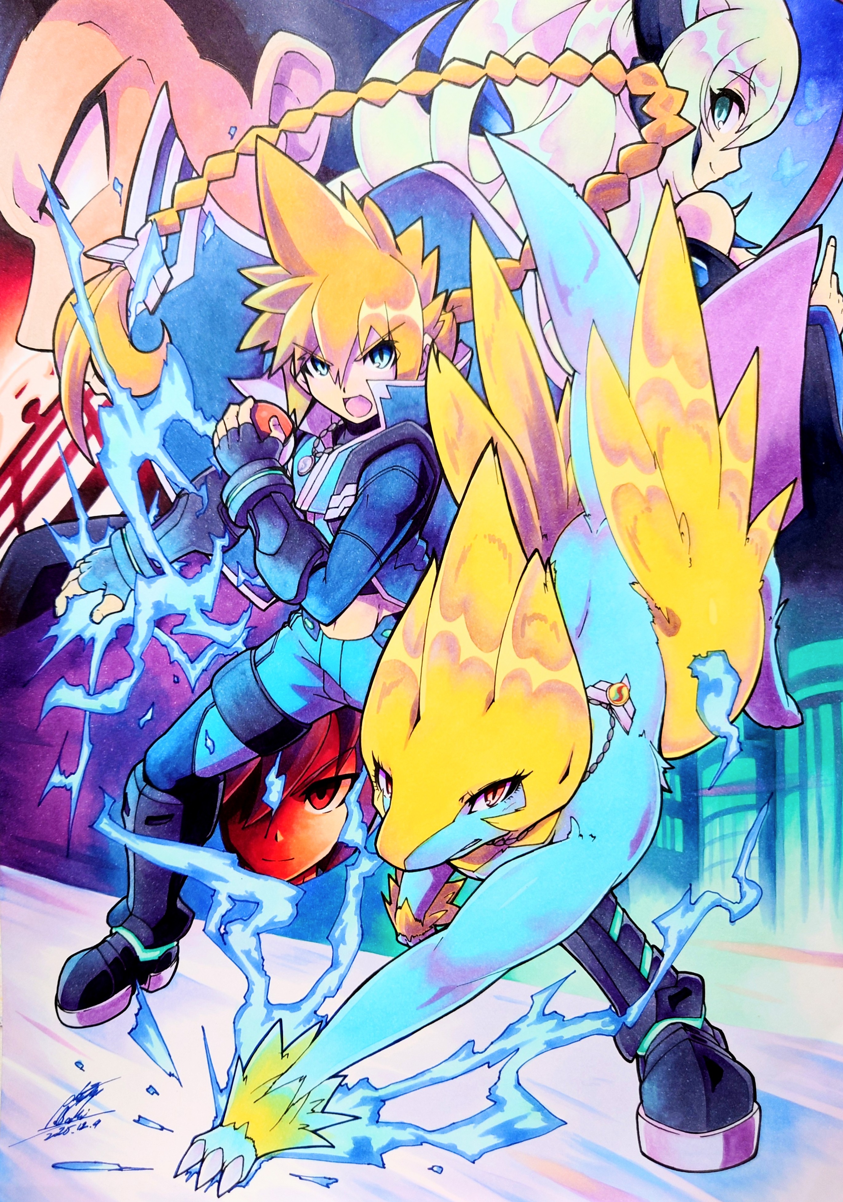 025aki, giovanni (pokemon), gunvolt, lumen (gunvolt), manectric, azure striker gunvolt, azure striker gunvolt 1, nintendo, pokemon, absurdres, commentary, highres, traditional media, 1girl, 3boys, aqua eyes, armor, armored boots, black eyes, black hair, blonde hair, blue eyes, boots, braid, bug, butterfly, close-up, crossover, dated, electricity, from behind, from side, full body, gen 3 pokemon, gradient background, hair between eyes, hair ornament, hairclip, holding, holding poke ball, insect, jewelry, long coat, long hair, looking at viewer, looking back, looking to the side, midriff, multiple boys, necklace, nova (gunvolt), open mouth, poke ball, poke ball (basic), pokemon (creature), red eyes, signature, single braid, smile, trait connection