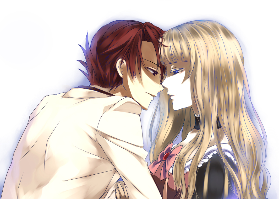 nanamura, beatrice (umineko), ushiromiya battler, umineko no naku koro ni, 00s, 1boy, 1girl, blonde hair, blue eyes, bow, choker, couple, eye contact, formal clothes, frills, hetero, imminent kiss, long hair, looking at another, pink bow, red hair, ribbon