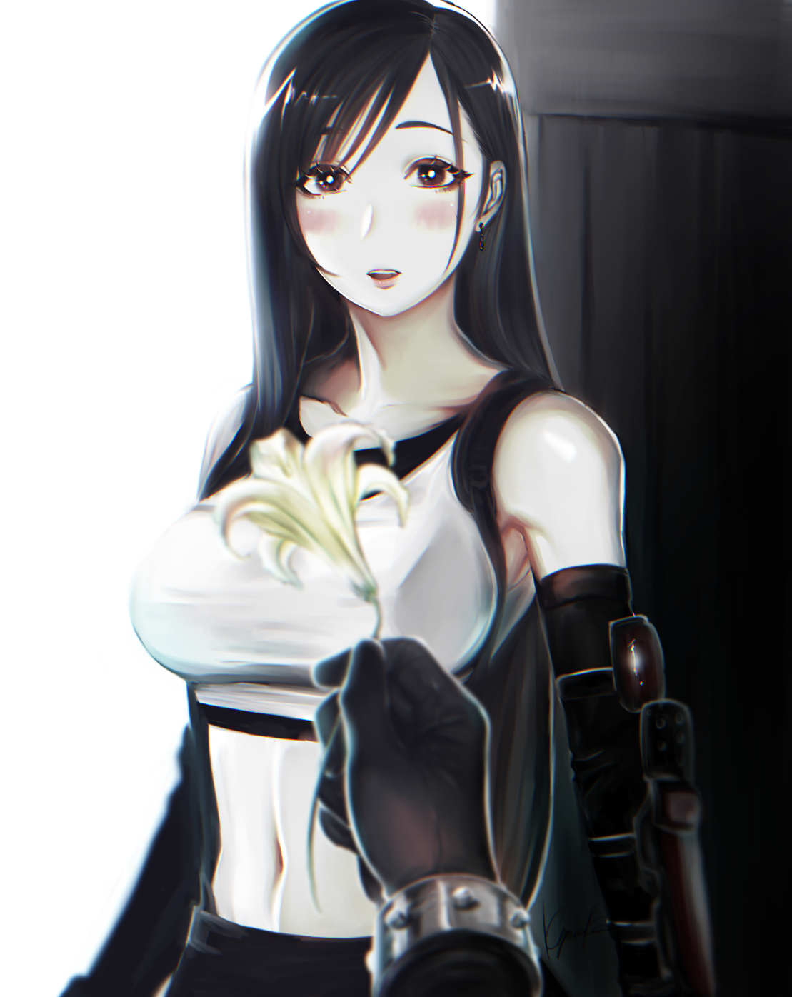 bailian, cloud strife, tifa lockhart, final fantasy, final fantasy vii, final fantasy vii remake, white lily, commentary request, highres, 1boy, 1girl, armpit crease, bare shoulders, black gloves, black hair, black skirt, blush, bracelet, breasts, bright pupils, brown eyes, brown gloves, collarbone, crop top, doorway, earrings, elbow gloves, flower, giving flower, gloves, hair behind ear, holding, holding flower, jewelry, large breasts, lily (flower), long hair, looking at viewer, midriff, navel, open mouth, parted lips, pov, pov hands, single arm guard, single earring, skirt, suspender skirt, suspenders, tank top, upper body, white flower, white pupils, white tank top, yellow flower