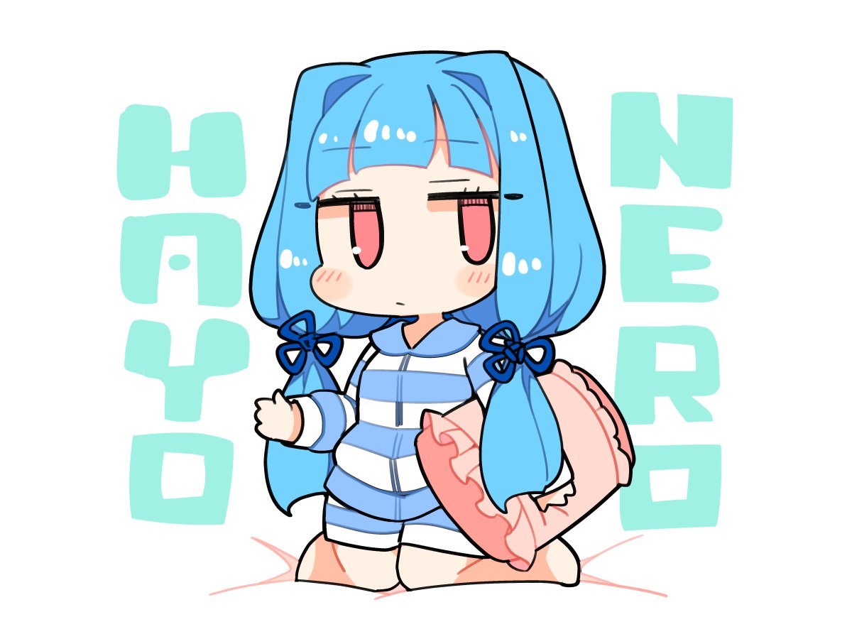 ini (inunabe00), kotonoha aoi, voiceroid, 1girl, barefoot, blue hair, blue pajamas, blue shirt, blue shorts, blunt bangs, blush, chibi, chibi only, closed mouth, full body, jitome, kneeling, long hair, long sleeves, pajamas, pillow, pink eyes, shirt, shorts, simple background, solo, striped clothes, striped pajamas, white background