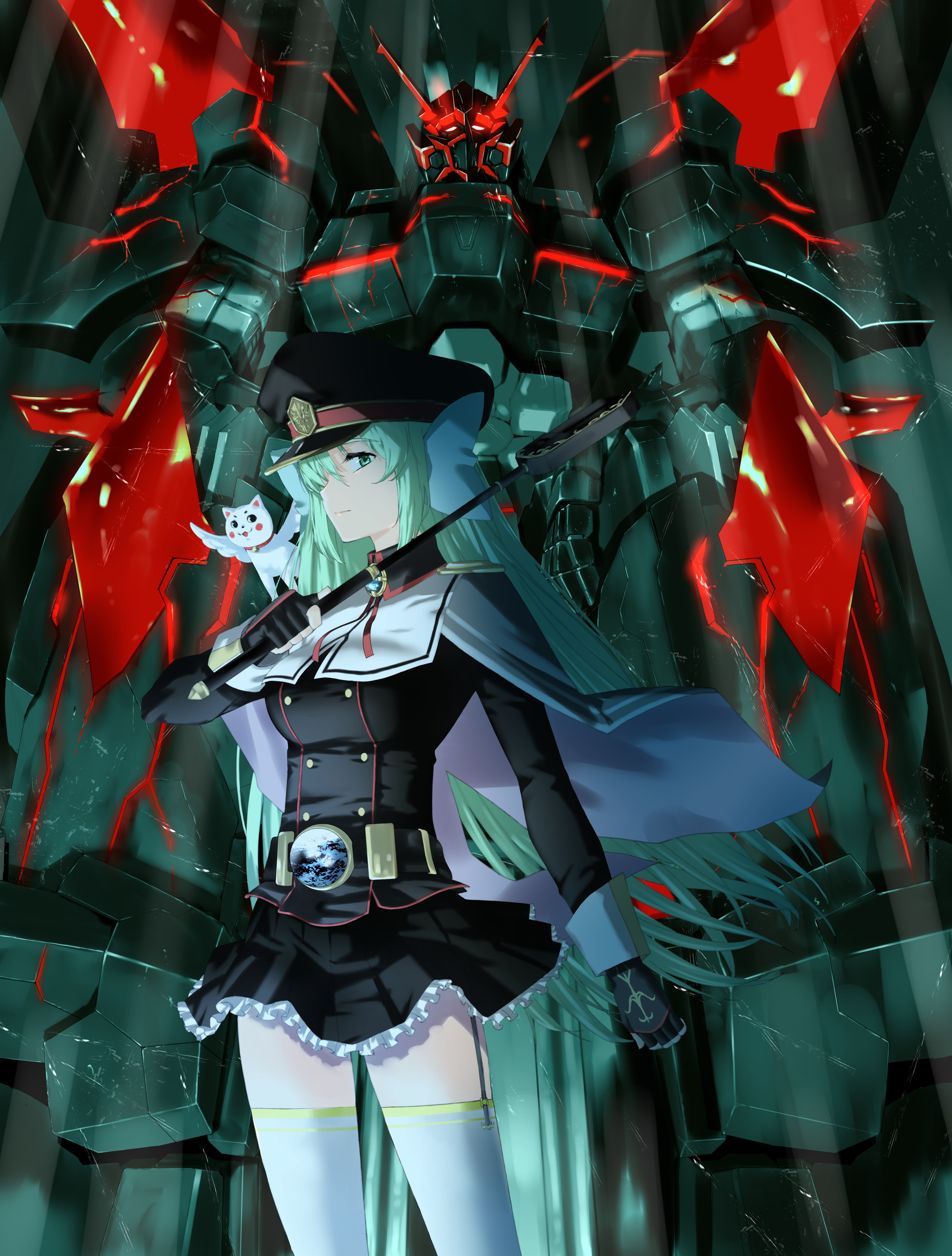 nicobear (user rpsz5355), original, absurdres, commentary request, highres, 1girl, bow, bowtie, cloak, green eyes, green hair, hair ornament, hat, holding, holding weapon, long hair, magical girl, mascot, mecha, military hat, military uniform, robot, thighhighs, weapon, white bow, white bowtie, white cloak, white thighhighs