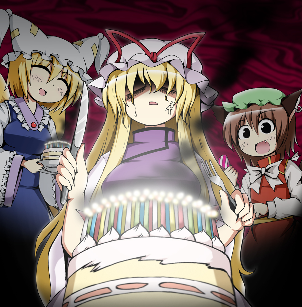 kousei (public planet), publicplanet, chen, yakumo ran, yakumo yukari, touhou, 3girls, :d, = =, ^ ^, anger vein, angry, animal ears, animal hat, birthday, birthday cake, blonde hair, brown hair, cake, candle, cat ears, cat girl, cat tail, closed eyes, completely unamused, earrings, fang, female focus, food, fork, fox tail, hat, hat ribbon, holding, jewelry, knife, long hair, long sleeves, mob cap, multiple girls, multiple tails, open mouth, party popper, pastry, ribbon, shaded face, short hair, smile, smoke, tail, tassel, unamused, wide sleeves