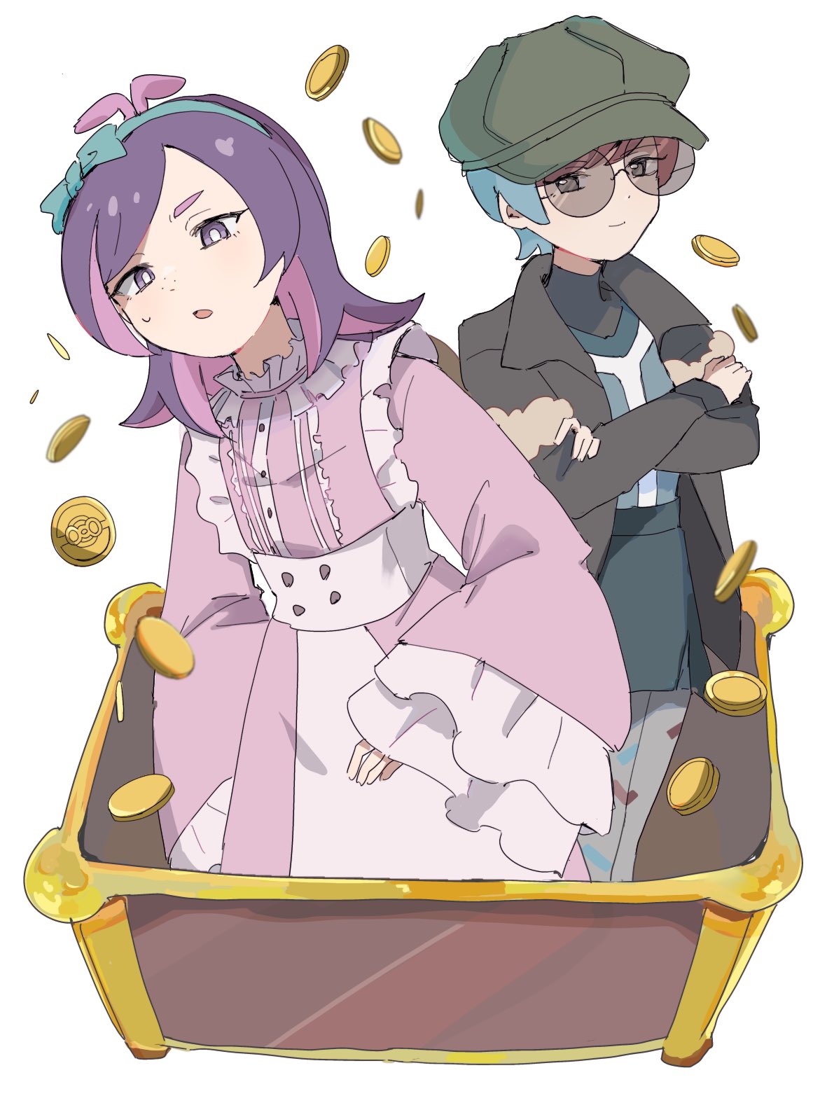 mizu 251, dot (pokemon), penny (pokemon), nintendo, pokemon, pokemon (anime), pokemon horizons, commentary request, highres, 2girls, blue hair, closed mouth, coin, crossed arms, dress, eevee backpack, frilled dress, frills, gold coin, grey eyes, hair ornament, hair ribbon, holding, long hair, long sleeves, looking at viewer, multicolored hair, multiple girls, open mouth, pink dress, pink hair, puffy sleeves, purple eyes, purple hair, red hair, ribbon, round eyewear, shirt, short hair, simple background, sunglasses, sweatdrop, treasure, treasure chest, two-tone hair, white background