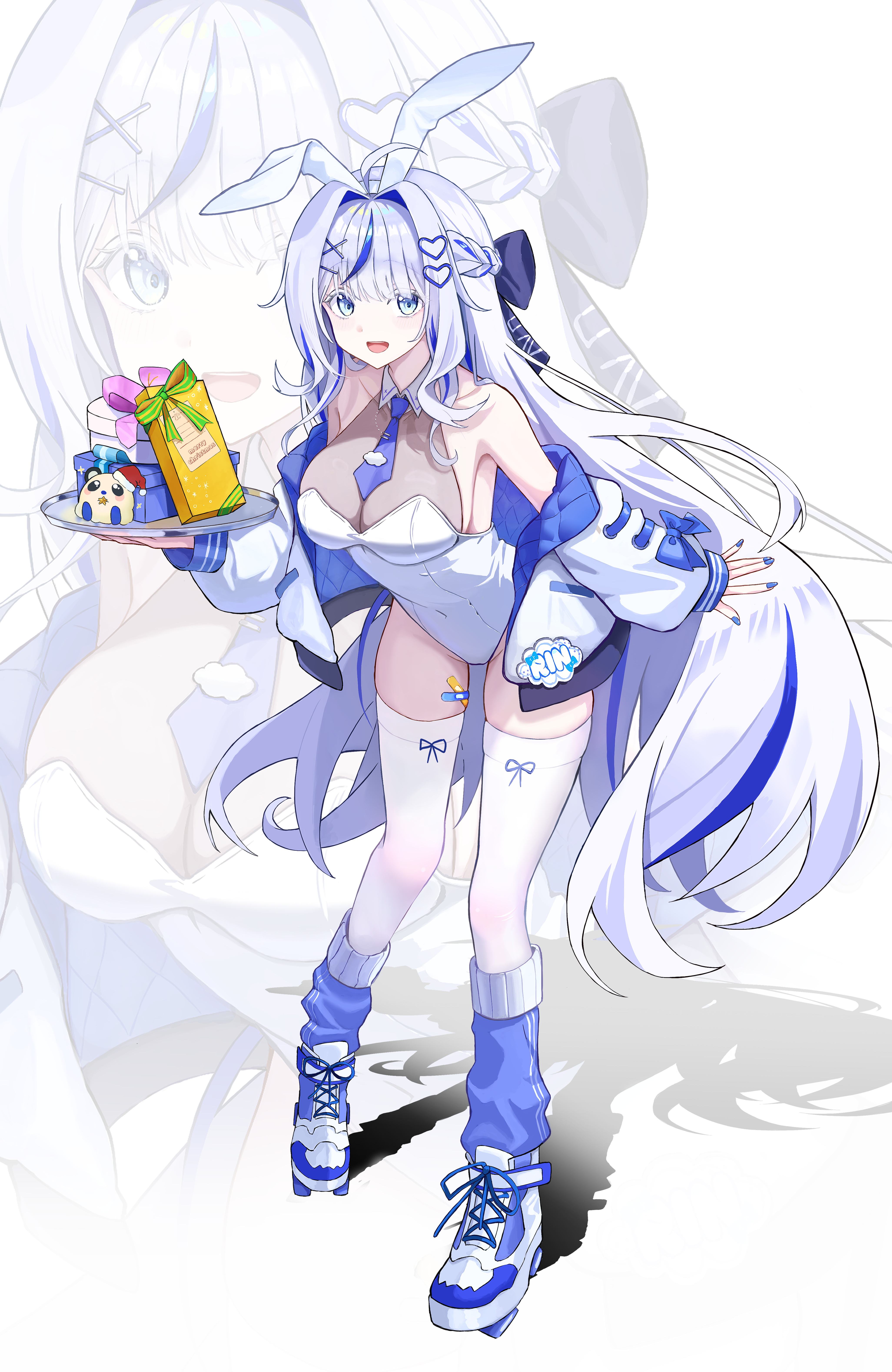 kku ri 92, aokumo rin, stellive, absurdres, commentary, highres, 1girl, ahoge, animal ears, bandaid on thigh, bare shoulders, blue bow, blue eyes, blue hair, blue nails, blue necktie, blue streaks, bodystocking, bow, box, braid, breasts, character name, collarbone, collared leotard, colored inner hair, fake animal ears, full body, gift, gift box, hair bow, hair intakes, hair ornament, halterneck, hands up, heart, heart hair ornament, holding, holding tray, jacket, kneehighs, kurimi (aokumo rin), large breasts, leaning forward, leotard, light blush, long hair, long sleeves, looking at viewer, multicolored hair, nail polish, name tag, necktie, off shoulder, one eye covered, open mouth, playboy bunny, rabbit ears, roller skates, see-through cleavage, see-through clothes, shoes, side braid, sidelocks, simple background, skates, sleeve bow, sleeves past wrists, smile, socks, solo, teeth, thighhighs, thighs, tray, two-sided fabric, two-sided jacket, upper teeth only, very long hair, virtual youtuber, white background, white hair, white jacket, white leotard, white thighhighs, zoom layer