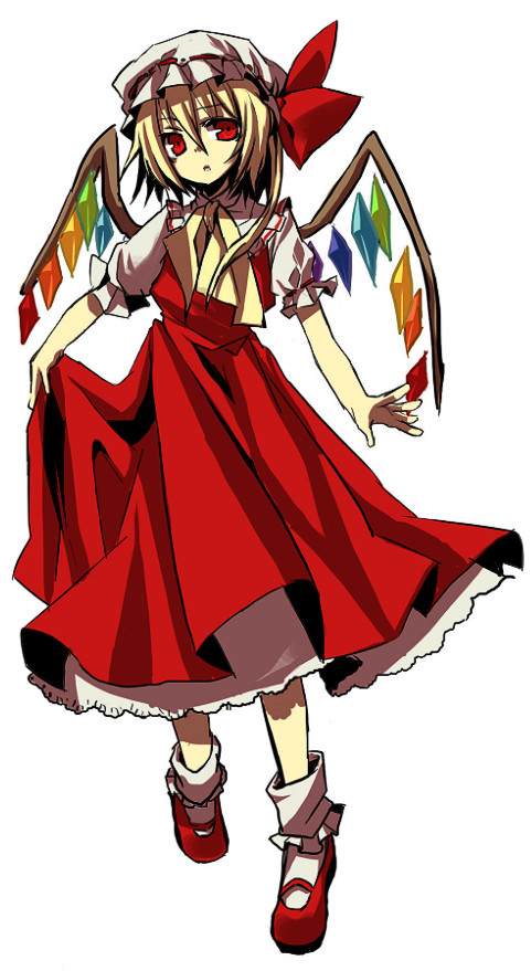 ju-zika, scarlet (infinity), flandre scarlet, touhou, bad id, bad pixiv id, jpeg artifacts, 1girl, blonde hair, blouse, clothes lift, collared shirt, dress, dress lift, female focus, hair between eyes, hat, mob cap, red shoes, shirt, shoes, simple background, skirt hold, socks, solo, white hat, white shirt, white socks, wings