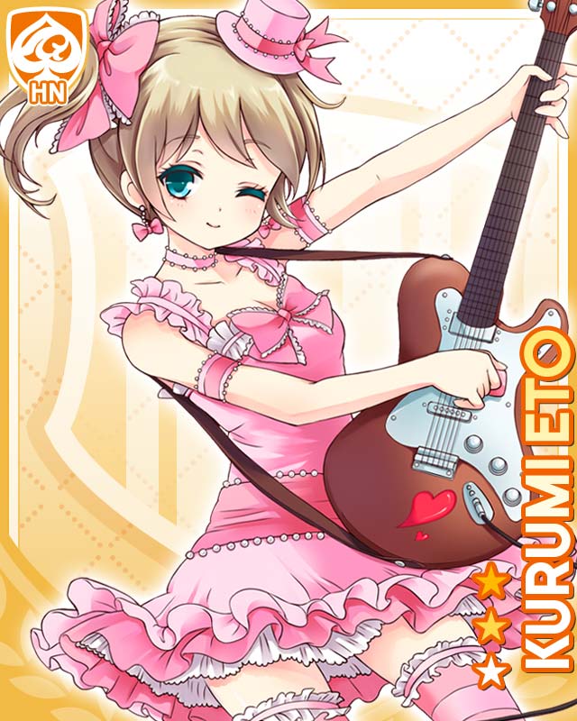 qp:flapper, eto kurumi, girlfriend (kari), official art, 1girl, ;), bare shoulders, bow, brown hair, card (medium), character name, dress, frilled dress, frilled thighhighs, frills, green eyes, guitar, hair bow, hair ornament, hat, holding, holding plectrum, instrument, looking at viewer, one eye closed, pink dress, pink hat, pink thighhighs, plectrum, short dress, side ponytail, smile, solo, thighhighs, thighs, yellow background