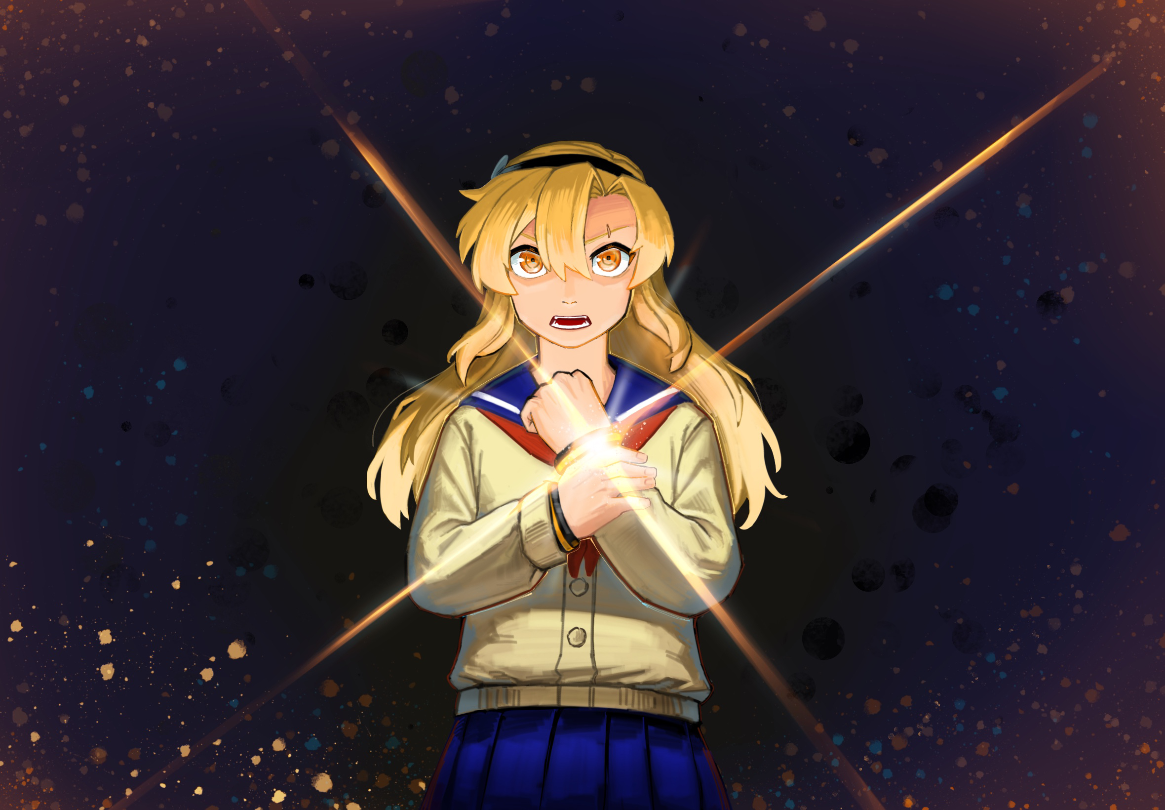 gmeg011, koishikawa iko, shy (series), commentary, highres, symbol-only commentary, 1girl, black hairband, blonde hair, blue sailor collar, blue skirt, brown cardigan, cardigan, colorful background, glowing, hair between eyes, hairband, hands up, long hair, neckerchief, pleated skirt, red neckerchief, sailor collar, scar, scar across eyebrow, scar on face, skirt, solo, teeth