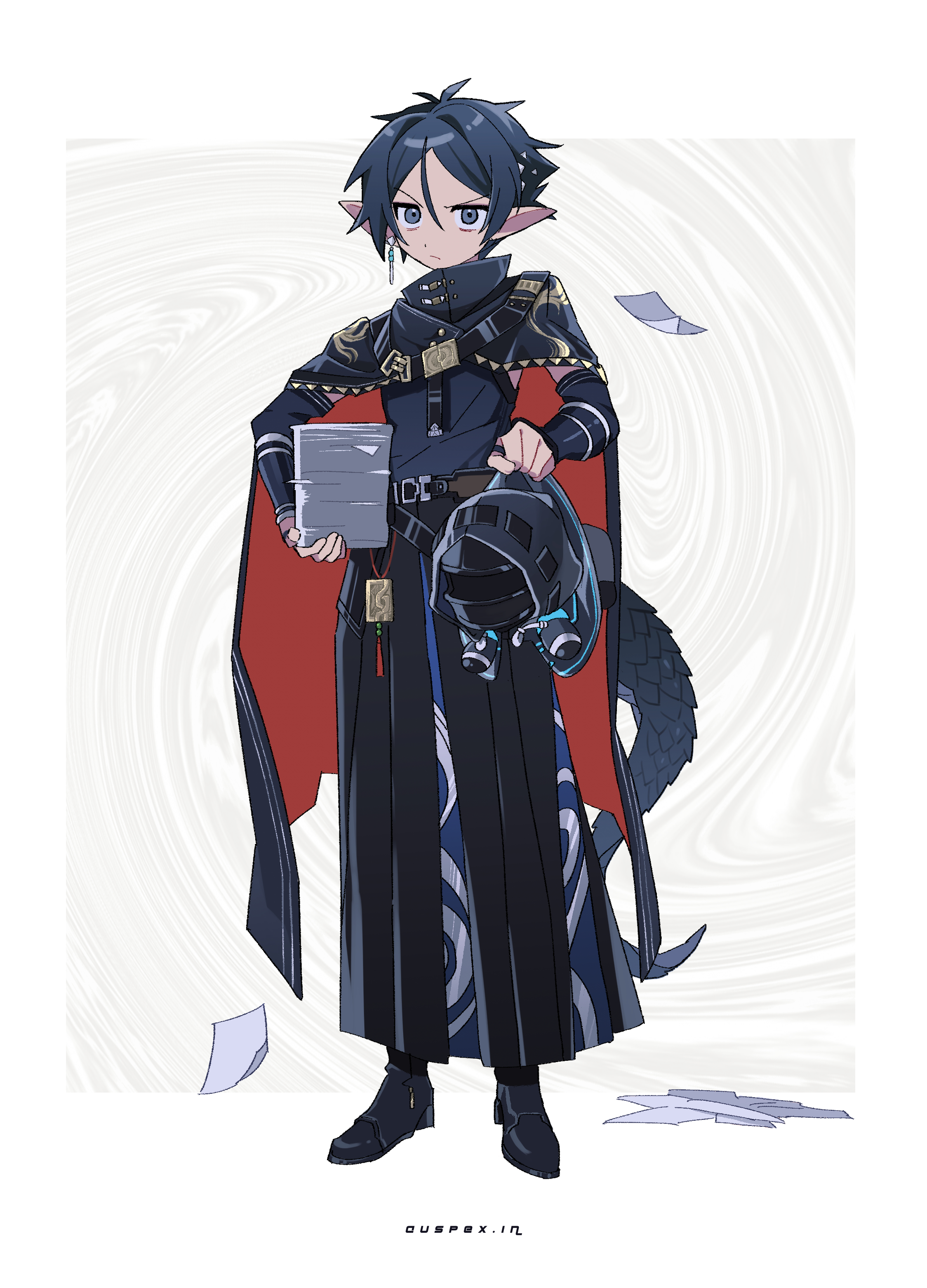 mian zhi bao, doctor (arknights), zuo le (arknights), arknights, absurdres, chinese commentary, commentary, highres, 1boy, 1other, black cape, black hakama, black shirt, blue eyes, blue hair, cape, closed mouth, full body, grey background, hair between eyes, hakama, holding, holding mini person, holding paper, japanese clothes, looking at viewer, male focus, mini person, paper, paper stack, pointy ears, shirt, short hair, standing, v-shaped eyebrows