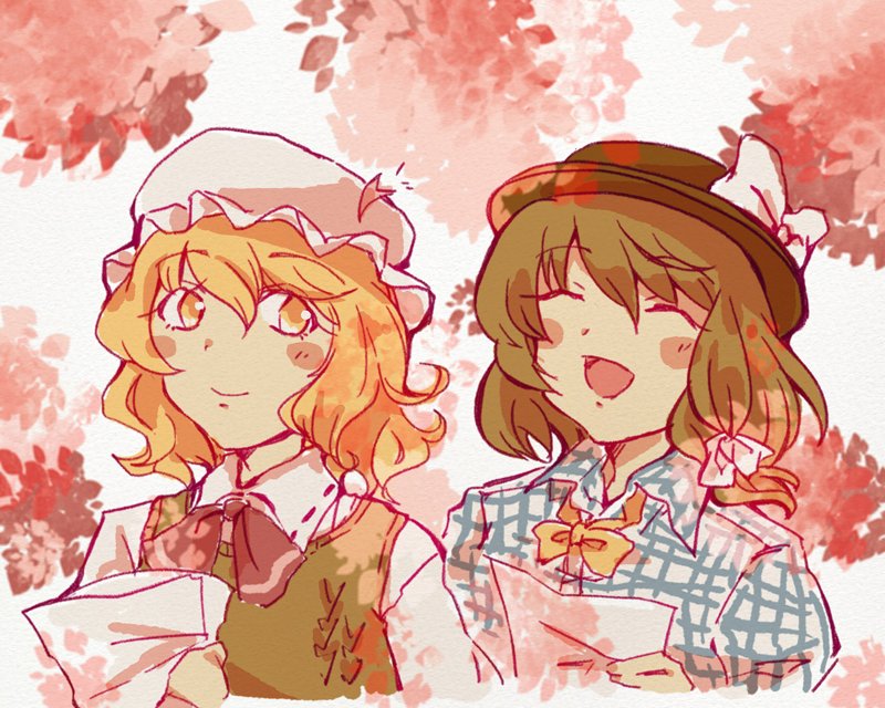 maribel hearn, usami renko, touhou, 2girls, alternate costume, alternate headwear color, alternate neckwear, blue shirt, blush stickers, bow, bowtie, brown hair, brown hat, cherry blossoms, closed eyes, closed mouth, collared shirt, falling petals, green vest, hair between eyes, hair bow, hat, hat bow, holding, holding paper, looking at another, mob cap, multiple girls, paper, petals, red bow, red bowtie, sanwa no jako (daikichi club), school uniform, shirt, short hair, smile, spring (season), vest, white bow, white hat, white shirt, yellow bow, yellow bowtie, yellow eyes