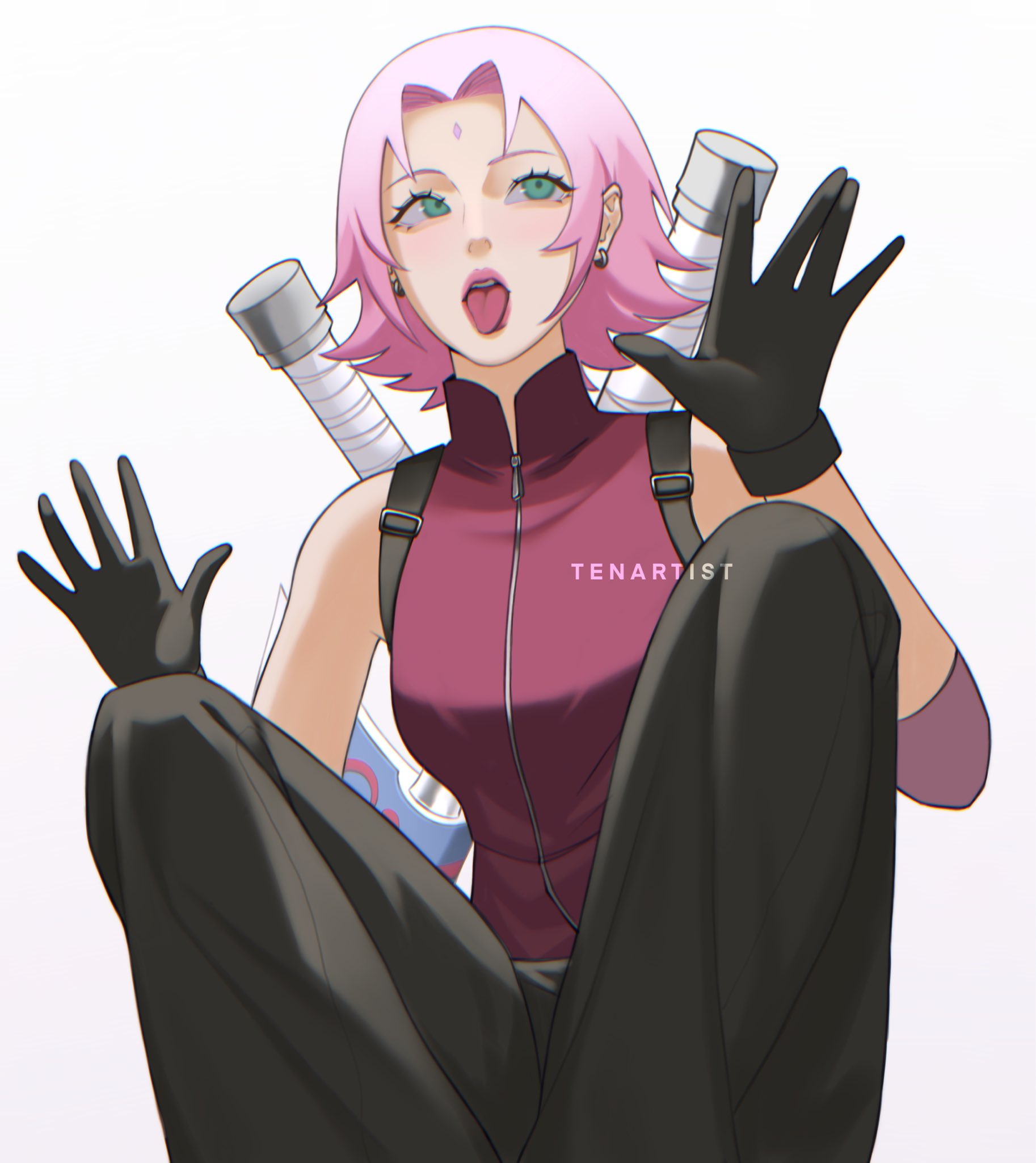 tenartistt, haruno sakura, naruto (series), commentary, highres, 1girl, ||/, artist name, black gloves, black pants, chromatic aberration, earrings, facial mark, flipped hair, forehead mark, gloves, green eyes, hands up, invisible wall, jewelry, knees up, looking up, open hand, open mouth, pants, parted bangs, pink hair, red shirt, shirt, short hair, simple background, sitting, sleeveless, sleeveless shirt, tongue, tongue out, weapon, weapon on back, white background, zipper