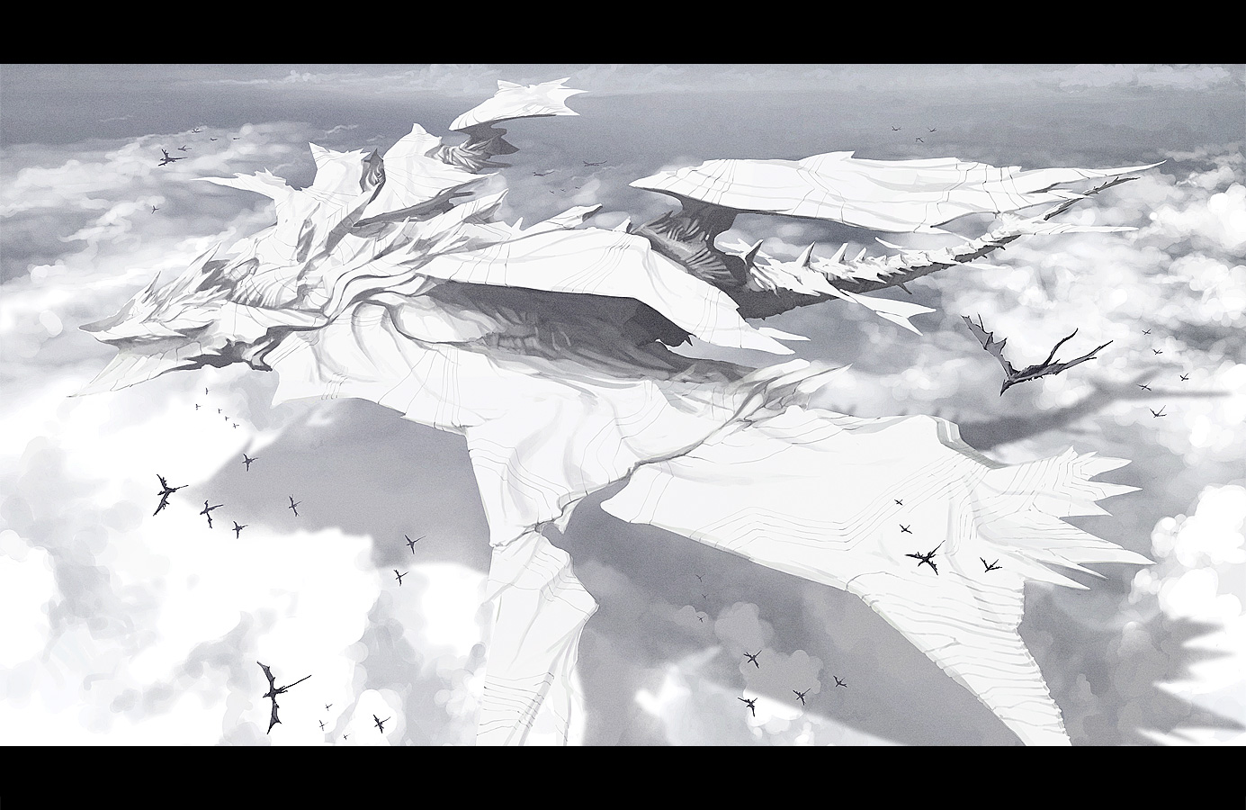 tsukuba masahiro, pixiv fantasia, pixiv fantasia 1, cloud, dragon, giant, grand scale, greyscale, letterboxed, monochrome, sky