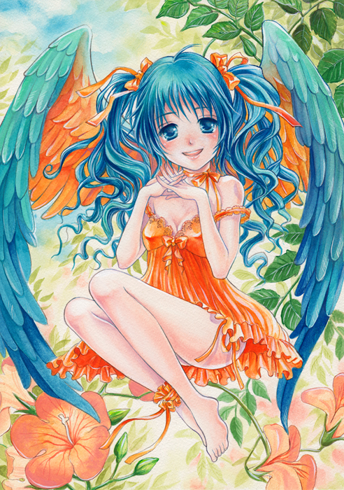 toyoda izumi, original, bad id, bad pixiv id, 1girl, barefoot, blue eyes, blue hair, blush, bow, breasts, cleavage, dress, feet, female focus, flower, frills, hair bow, leaf, legs, lipstick, long hair, makeup, matching hair/eyes, medium breasts, nature, orange dress, smile, solo, twintails, wings