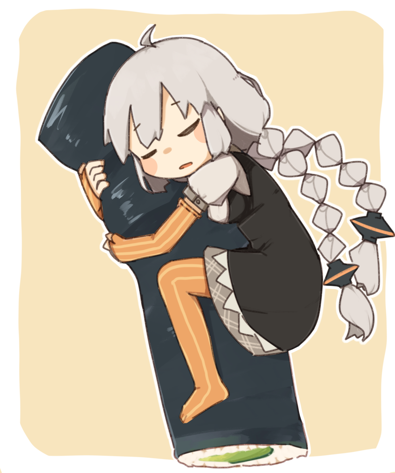 konohoshi, kizuna akari, vocaloid, voiceroid, commentary request, highres, 1girl, ahoge, black dress, braid, chibi, closed eyes, dress, ehoumaki, elbow gloves, fingerless gloves, food, gloves, hugging object, long hair, makizushi, orange gloves, orange thighhighs, oversized food, oversized object, puffy short sleeves, puffy sleeves, shirt, short sleeves, sidelocks, sleeping, solo, striped clothes, striped thighhighs, sushi, thighhighs, twin braids, vertical-striped clothes, vertical-striped thighhighs, white hair, white shirt