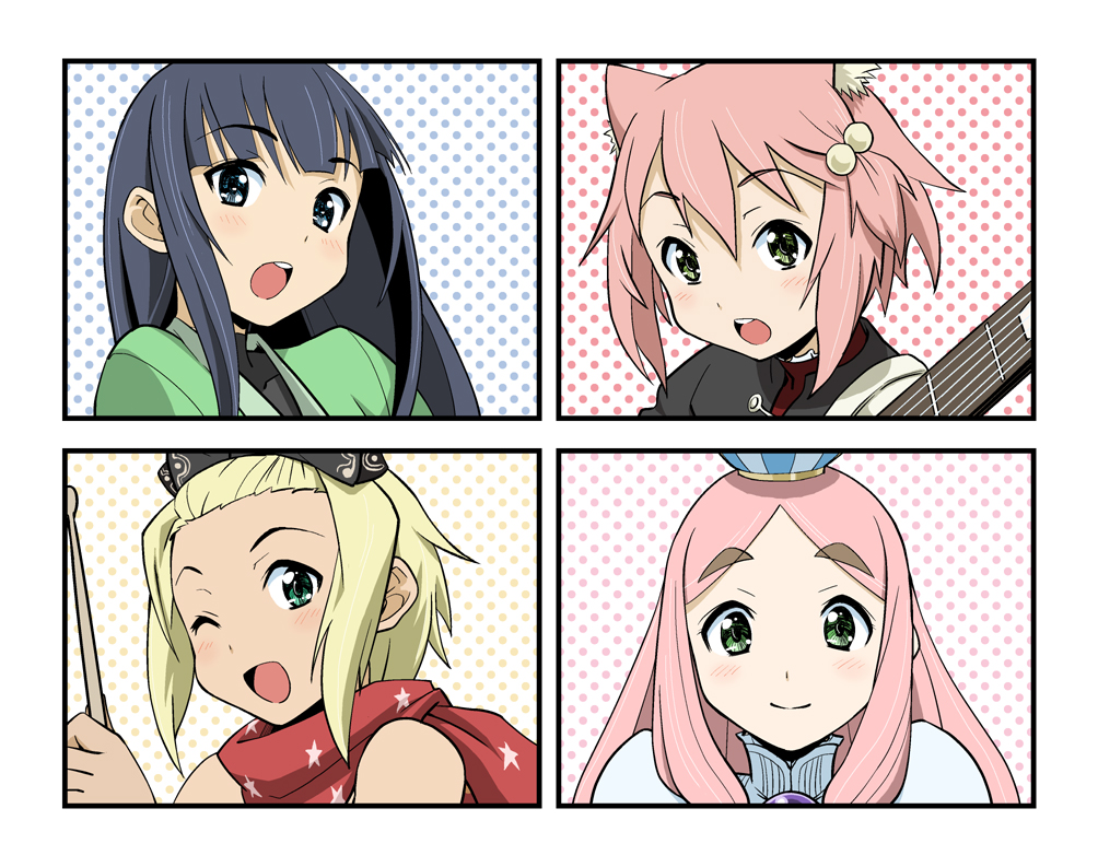 haganemaru kennosuke, fighter (7th dragon), harukara (7th dragon), hatch (7th dragon), maron (7th dragon), princess (7th dragon), ran (7th dragon), rogue (7th dragon), samurai (7th dragon), 7th dragon, 7th dragon (series), k-on!, 4girls, blonde hair, blue hair, blush, green eyes, guitar, hat, instrument, long hair, multiple girls, one eye closed, parody, pink hair, portrait, short hair, style parody, wink