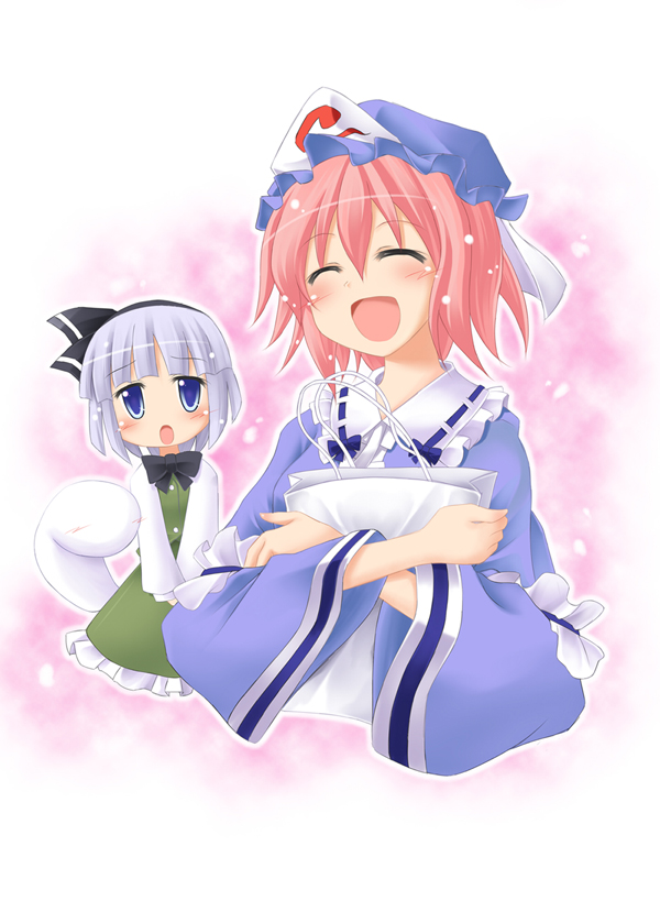 exe (artist), xe (execut3r), konpaku youmu, konpaku youmu (ghost), saigyouji yuyuko, touhou, silver hair, bad id, bad pixiv id, 2girls, blue eyes, female focus, ghost, hairband, hat, hitodama, multiple girls, pink hair, short hair