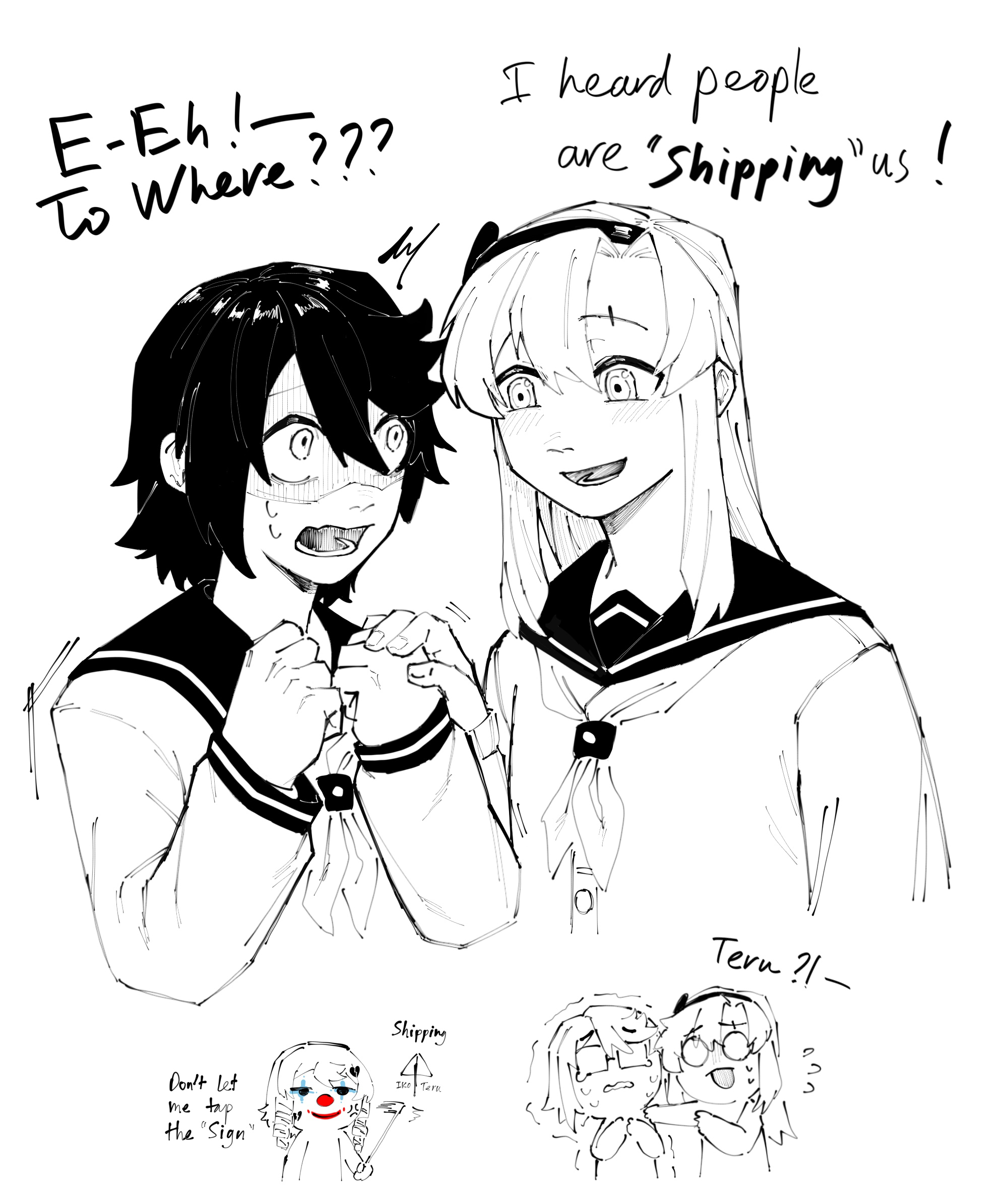 gmeg011, koishikawa iko, momijiyama teru, shy (series), commentary, highres, symbol-only commentary, 3girls, :d, blush, clown, clown nose, cropped torso, drill hair, english text, glasses, hair between eyes, hairband, kirahoshi aika, long hair, multiple girls, neckerchief, open mouth, sailor collar, smile, sweat, twin drills