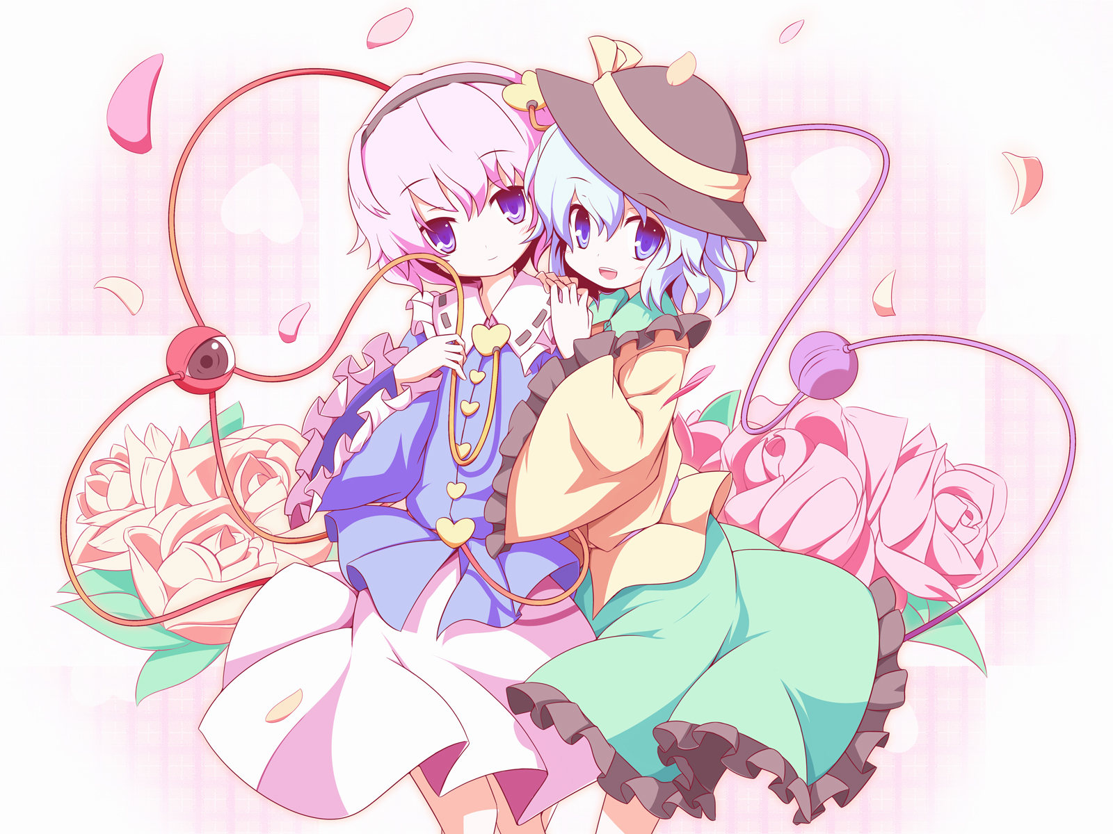 miko machi, komeiji koishi, komeiji satori, touhou, silver hair, highres, md5 mismatch, 2girls, female focus, flower, hairband, hat, heart, multiple girls, petals, pink hair, purple eyes, rose, short hair, siblings, sisters