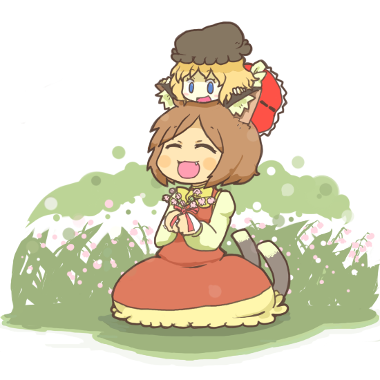 inishie, chen, medicine melancholy, touhou, bad id, bad pixiv id, 2girls, animal ears, cat ears, cat girl, cat tail, chibi, fang, female focus, flower, multiple girls, multiple tails, tail