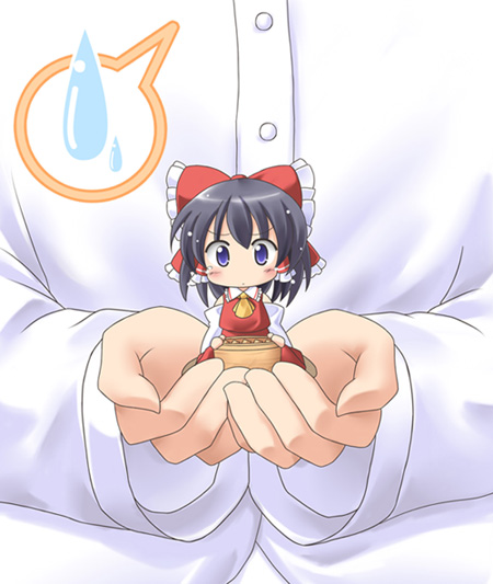 exe (artist), xe (execut3r), hakurei reimu, touhou, bad id, bad pixiv id, 1girl, black hair, blue eyes, bow, box, detached sleeves, donation box, female focus, hair ribbon, in palm, japanese clothes, miko, mini person, minigirl, ribbon, short hair, solo, solo focus, speech bubble, sweatdrop