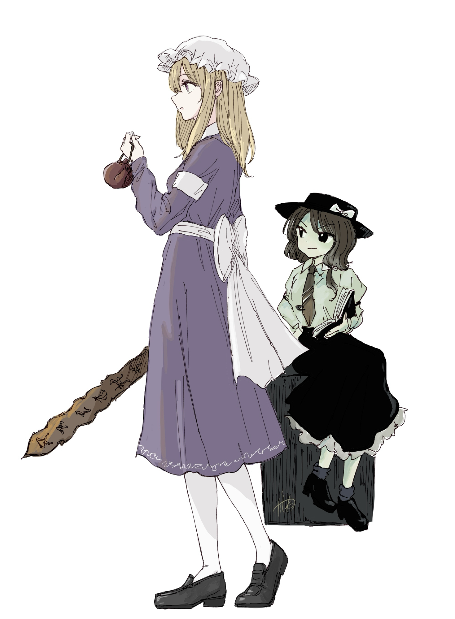 kashiwada kiiho, maribel hearn, usami renko, ghostly field club, touhou, highres, 2girls, :o, armband, back bow, black boots, black hat, black shoes, black skirt, book, boots, bow, brown hair, closed mouth, collared dress, collared shirt, contrast collar, diagonal-striped clothes, diagonal-striped necktie, dress, dress bow, frilled skirt, frills, grey socks, hair between eyes, hair bow, hat, hat bow, holding, holding book, holding rod, holding teapot, large bow, long sleeves, looking to the side, medium hair, mob cap, multiple girls, necktie, open mouth, pantyhose, purple dress, purple eyes, red necktie, rod, sash, shirt, shirt tucked in, shoes, short hair, signature, simple background, sitting, sitting on tombstone, skirt, sleeve cuffs, sleeve garter, smug, socks, standing, striped clothes, teapot, tie clip, tombstone, white armband, white background, white bow, white hat, white pantyhose, white sash, white shirt, zun (style)