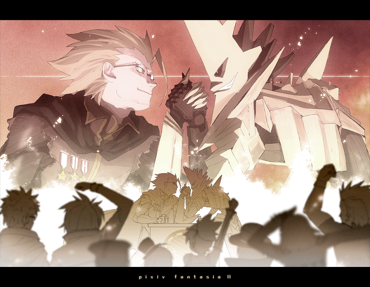tsukuba masahiro, magnus (pixiv fantasia), pixiv fantasia, pixiv fantasia 2, bad id, bad pixiv id, commentary request, translation request, 3girls, 6+boys, arm wrestling, blonde hair, cape, cyborg, glasses, grin, letterboxed, male focus, mecha, medal, military, military uniform, multiple boys, multiple girls, robot, smile, torn clothes