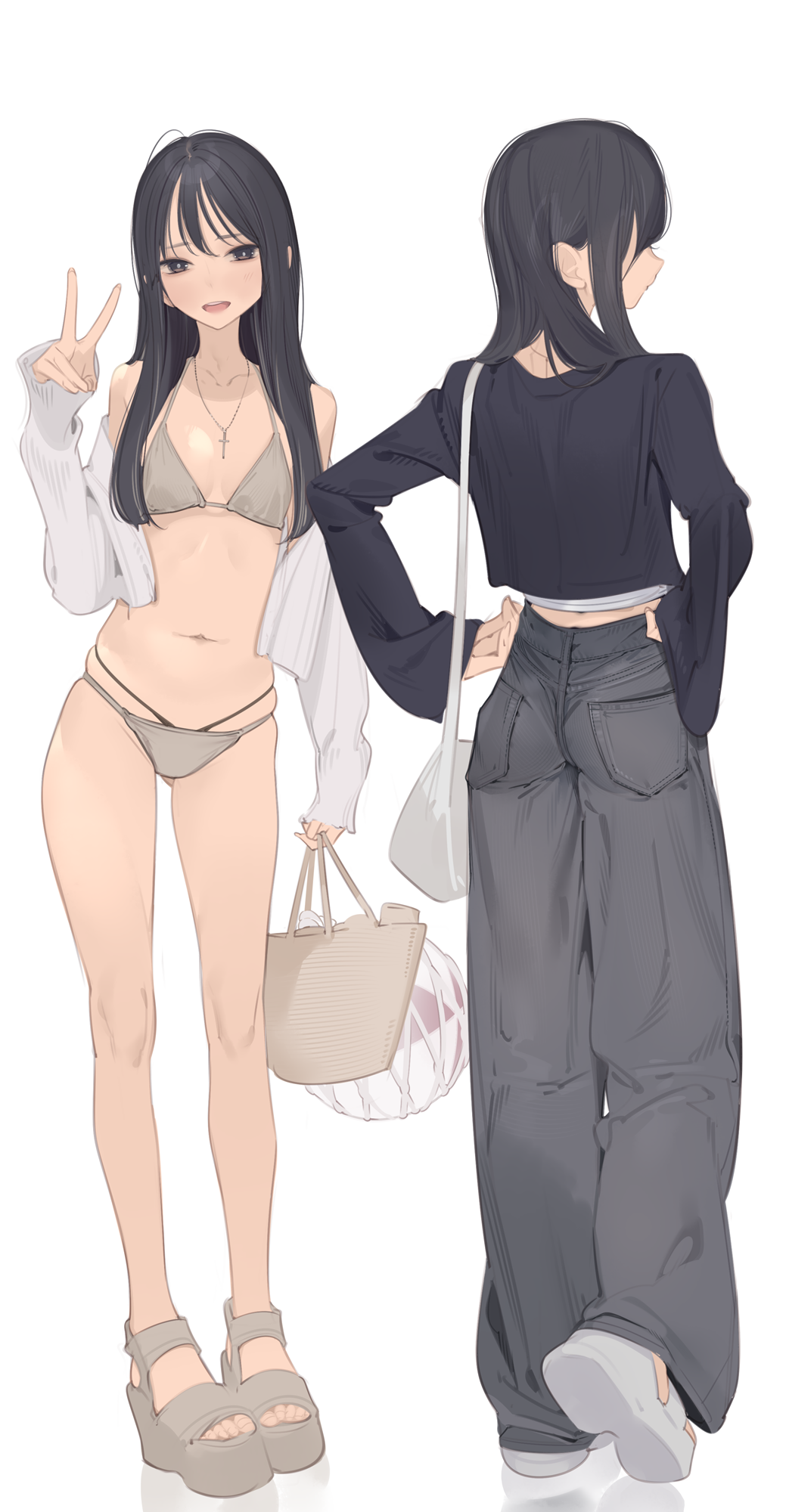 ama mitsuki, original, commentary request, highres, 1girl, ass, bag, bikini, black pants, black shirt, cross, cross necklace, full body, grey bikini, holding, holding bag, jacket, jewelry, long sleeves, multiple views, navel, necklace, open clothes, open jacket, pants, pocket, shirt, simple background, standing, stomach, swimsuit, v, white background, white jacket