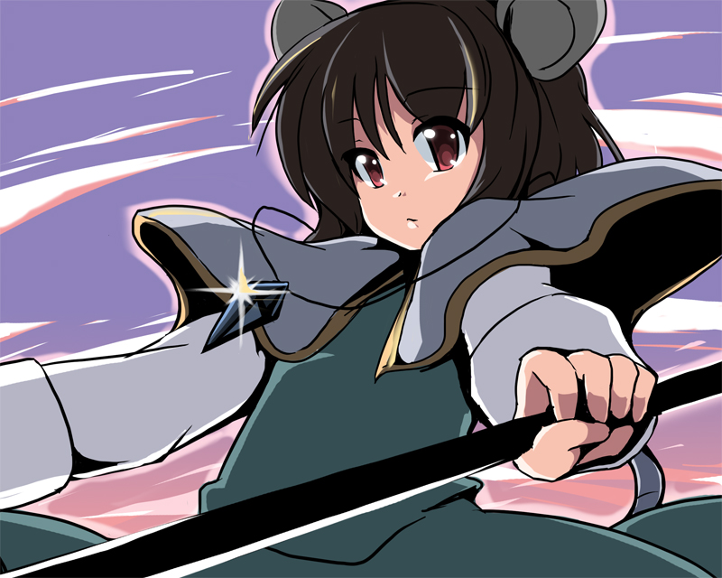 fa no hito, nazrin, touhou, 1girl, animal ears, brown hair, female focus, jewelry, mouse ears, mouse tail, outdoors, pendant, red eyes, short hair, sky, solo, standing, tail