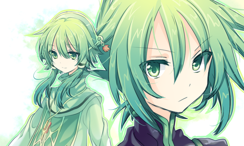 riichu, ion (tales), sync (tales), tales of (series), tales of the abyss, bad id, bad pixiv id, 00s, 2boys, androgynous, colored eyelashes, green eyes, green hair, green theme, hair tubes, jewelry, light smile, long hair, male focus, multiple boys, necklace, short hair with long locks, twintails
