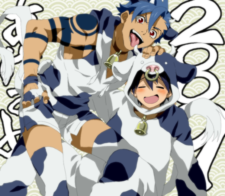 matsukaze yukiji, kamina (ttgl), simon (ttgl), tengen toppa gurren lagann, 00s, 2009, 2boys, animal ears, animal print, bell, blue hair, blush, boy cow, chinese new year, chinese text, cow, cow print, cowbell, formal clothes, gloves, horns, male focus, multiple boys, new year, red eyes, short hair, shorts, suit, tail, thighhighs, tongue