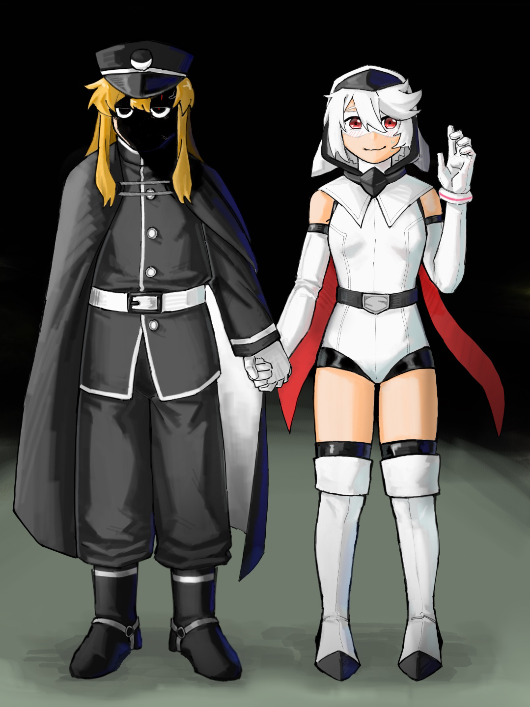 gmeg011, koishikawa iko, shy (character), shy (series), commentary, highres, symbol-only commentary, 2girls, bare shoulders, belt, black boots, black hat, black jacket, black pants, black robe, black thighhighs, blonde hair, boots, breasts, elbow gloves, eye mask, gloves, hat, holding hands, hood, hood up, jacket, leotard, long hair, mask, meme, multiple girls, night, outdoors, pants, red eyes, robe, small breasts, smile, thighhighs, white belt, white boots, white gloves, white leotard, why dis ninja look so mad (meme), yuri
