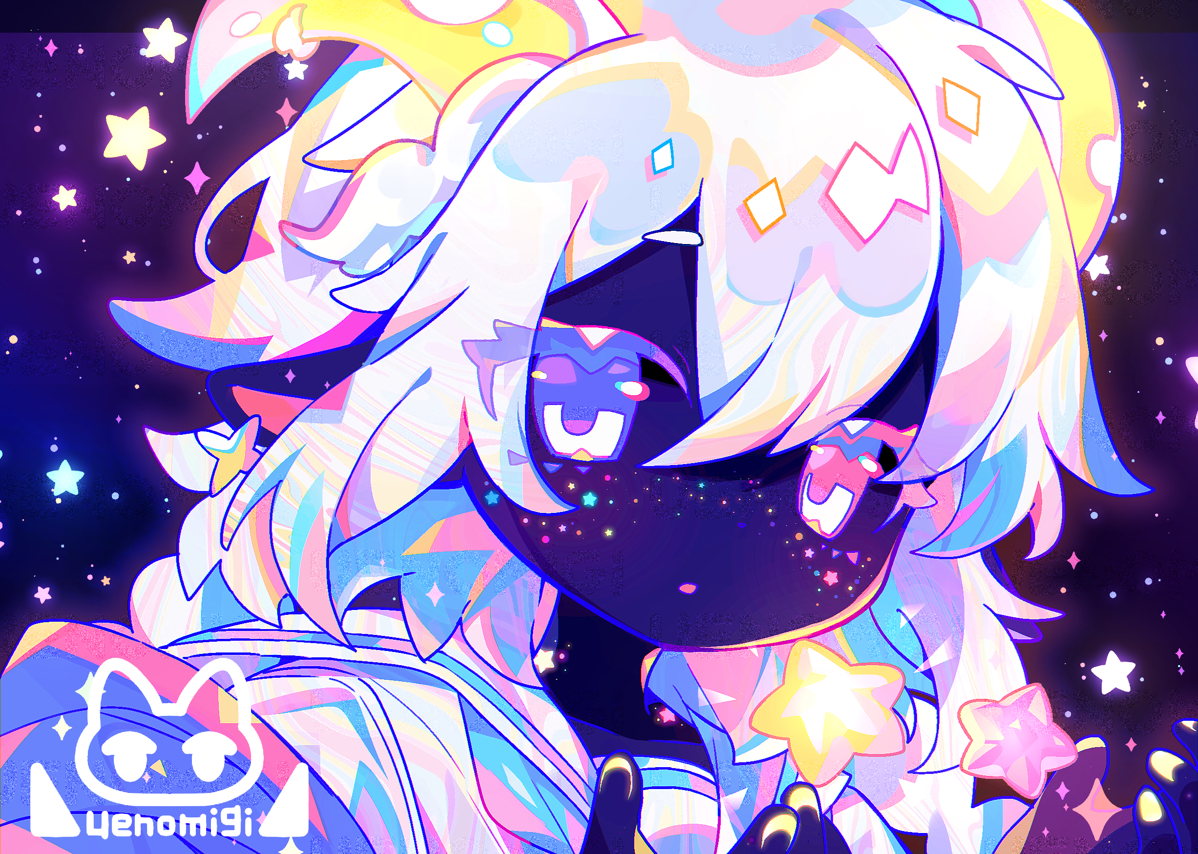 uenomigi, original, commentary, highres, symbol-only commentary, 1girl, artist logo, artist name, closed mouth, colored skin, double-parted bangs, hair between eyes, hands up, logo, long hair, looking at viewer, portrait, purple eyes, purple skin, sailor collar, sky, solo, sparkle, star (sky), star (symbol), starry sky, white hair, white sailor collar