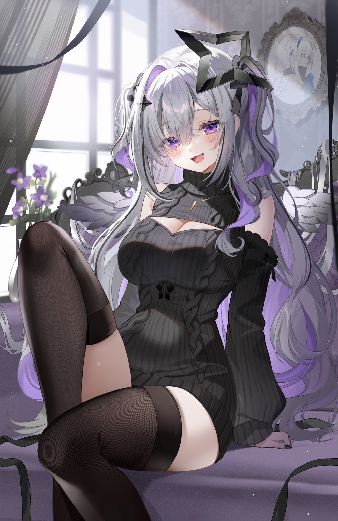 satoupote, amane kanata, amane kanata (1st costume), amane konata, hololive, commentary, highres, symbol-only commentary, 1girl, :d, aran sweater, black halo, black ribbon, black streaks, black sweater, black thighhighs, black wings, breasts, cable knit, cleavage, cleavage cutout, clothing cutout, colored inner hair, feathered wings, hair over one eye, hair ribbon, halo, indoors, jewelry, knee up, large breasts, long hair, long sleeves, looking at viewer, mini wings, multicolored hair, necklace, open mouth, photo (object), purple eyes, purple hair, ribbon, shoulder cutout, single hair intake, sitting, smile, solo, star halo, streaked hair, sweater, thighhighs, turtleneck, turtleneck sweater, two side up, very long hair, virtual youtuber, wings